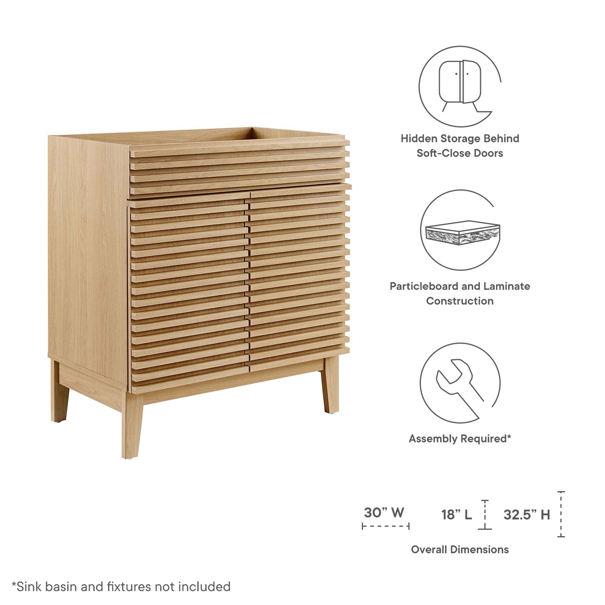Render 30" Bathroom Vanity Cabinet (Sink Basin Not Included), Oak