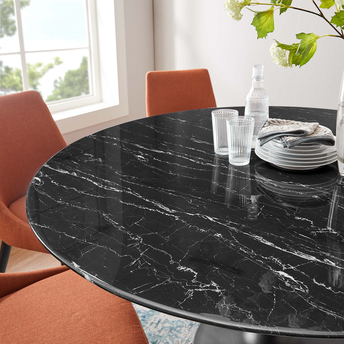 Lippa 60" Round Faux Marble Dining Table, Black Black