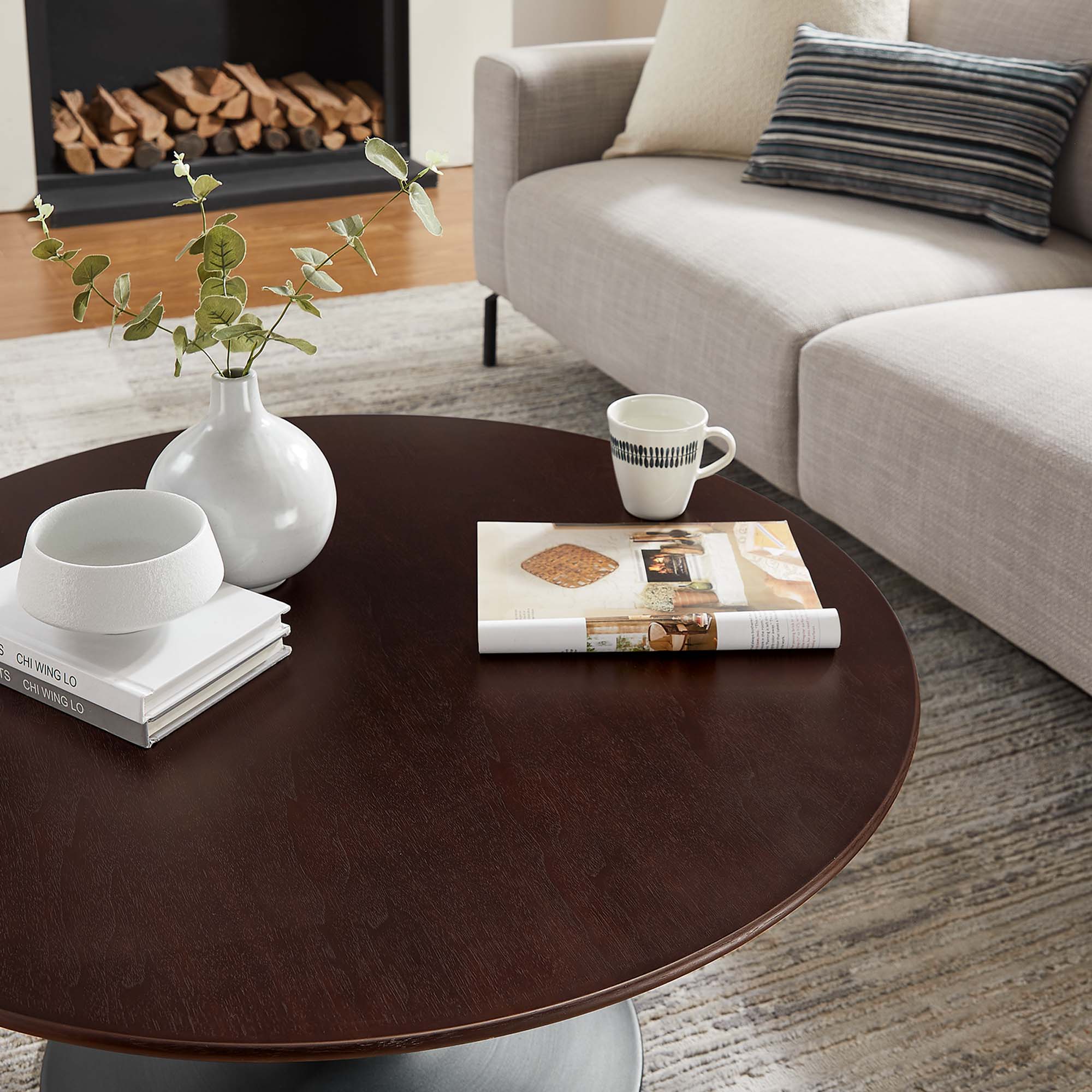 Lippa 36" Round Wood Coffee Table, Black Cherry Walnut