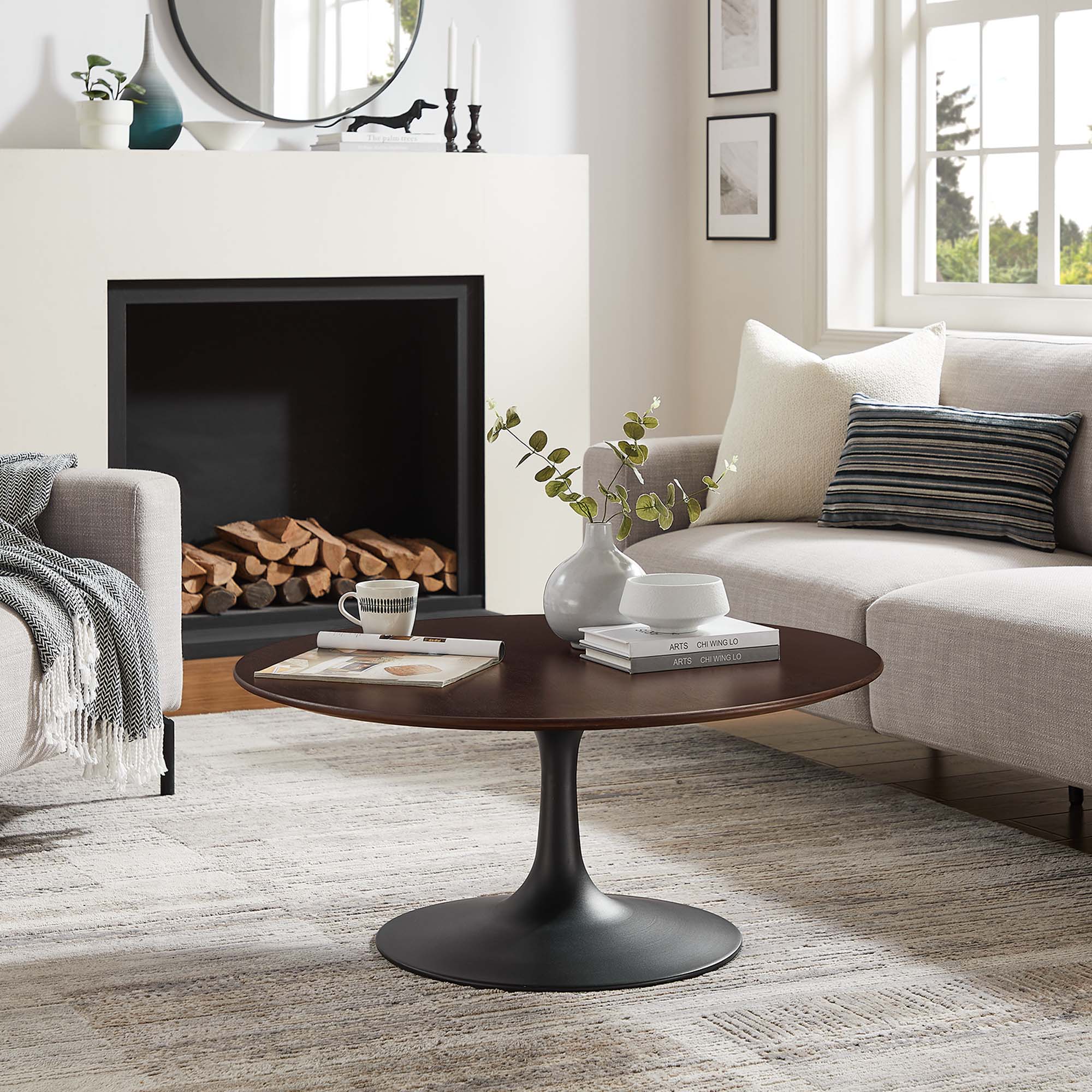 Lippa 36" Round Wood Coffee Table, Black Cherry Walnut