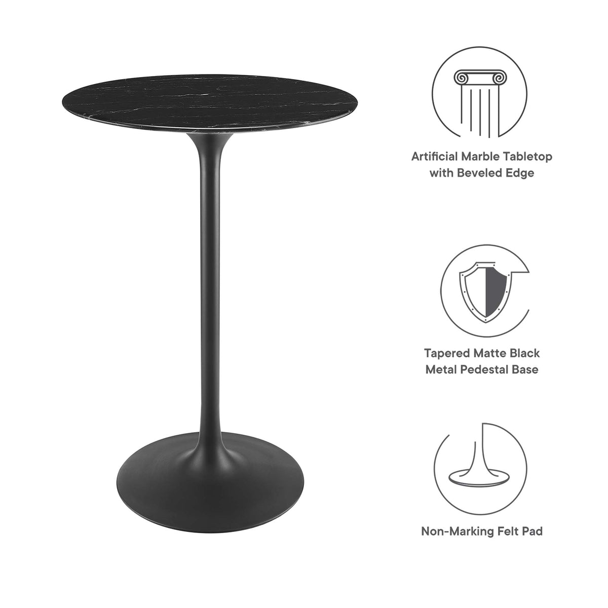 Lippa 28" Round Faux Marble Bar Table, Black Black