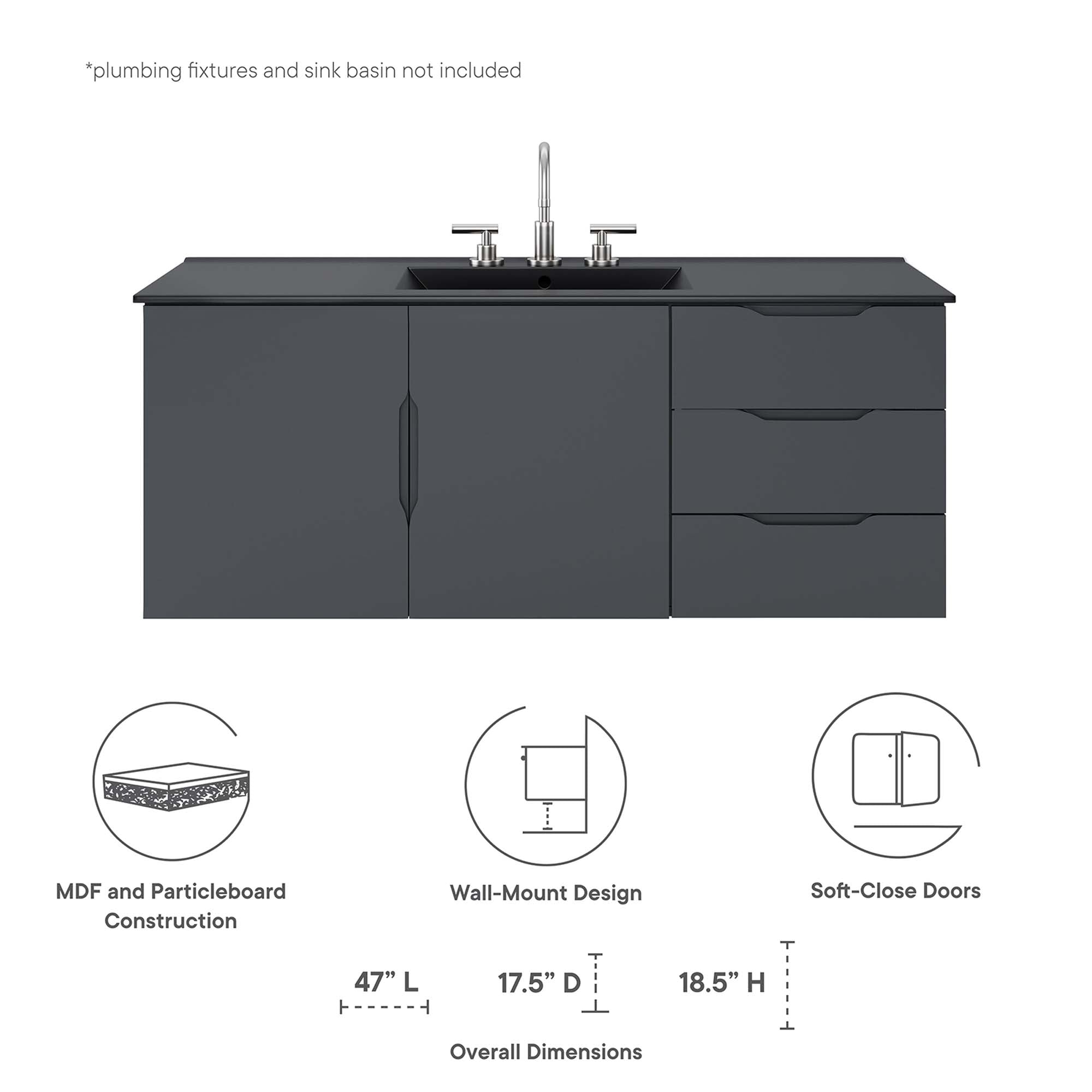 Vitality 48" Double or Single Sink Compatible (Not Included) Bathroom Vanity Cabinet, Gray