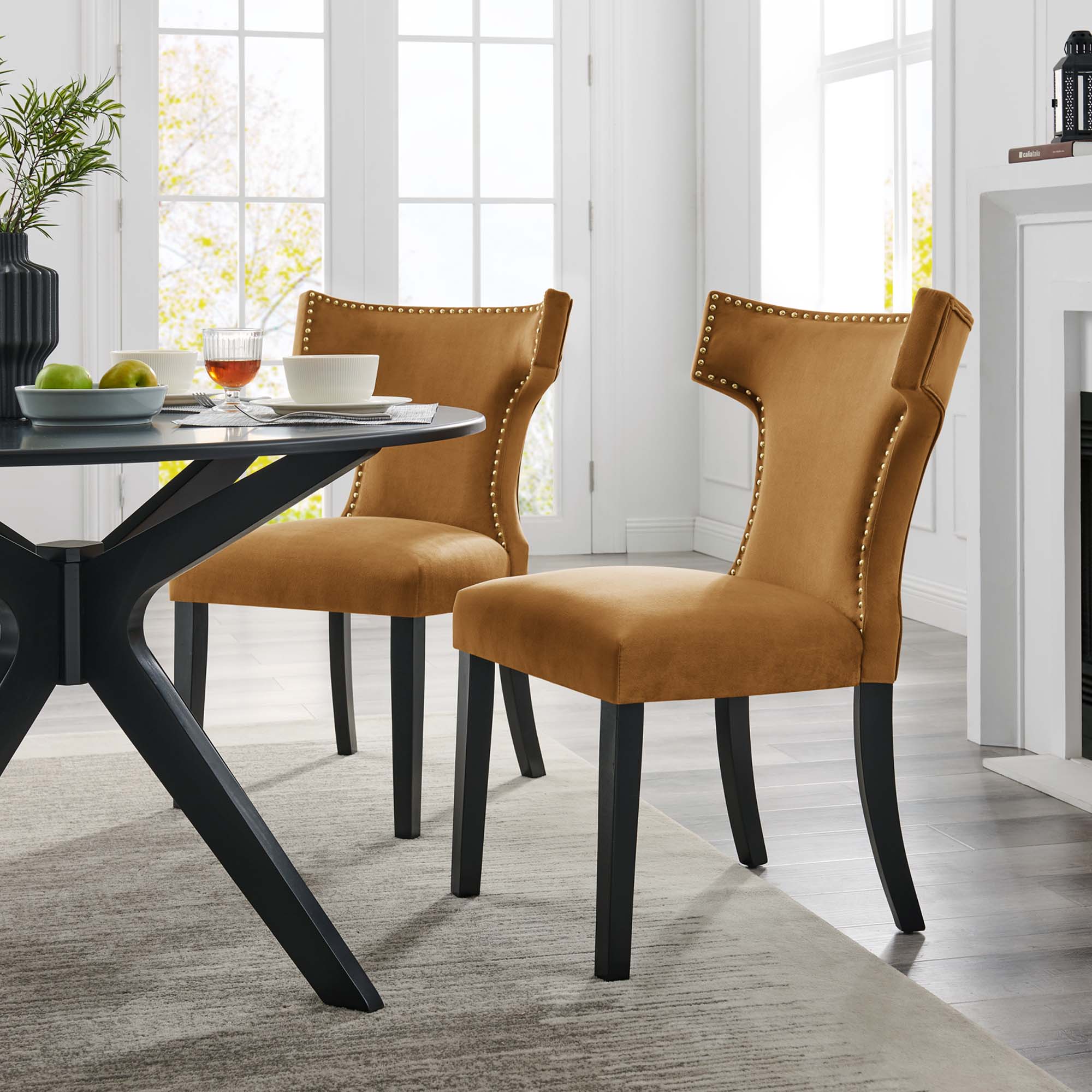 Curve Performance Velvet Dining Chairs Set of 2, Cognac
