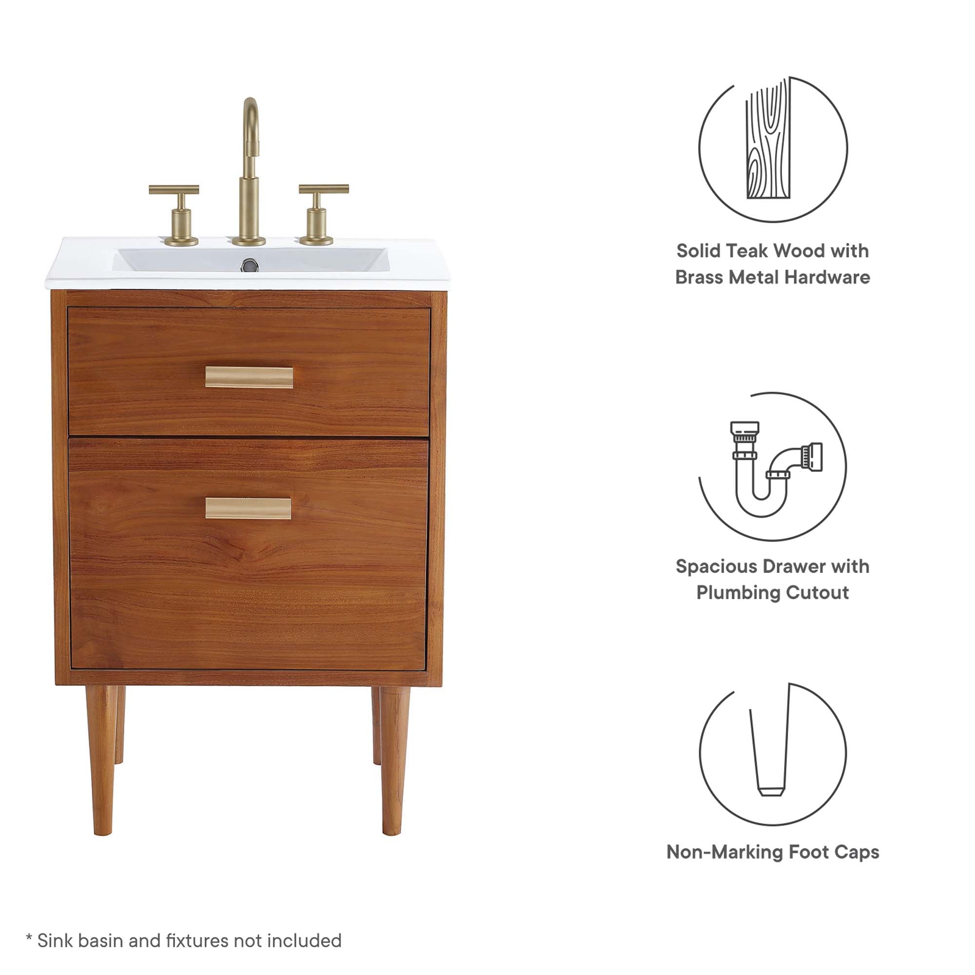 Cassia 24" Teak Wood Bathroom Vanity Cabinet (Sink Basin Not Included), Natural