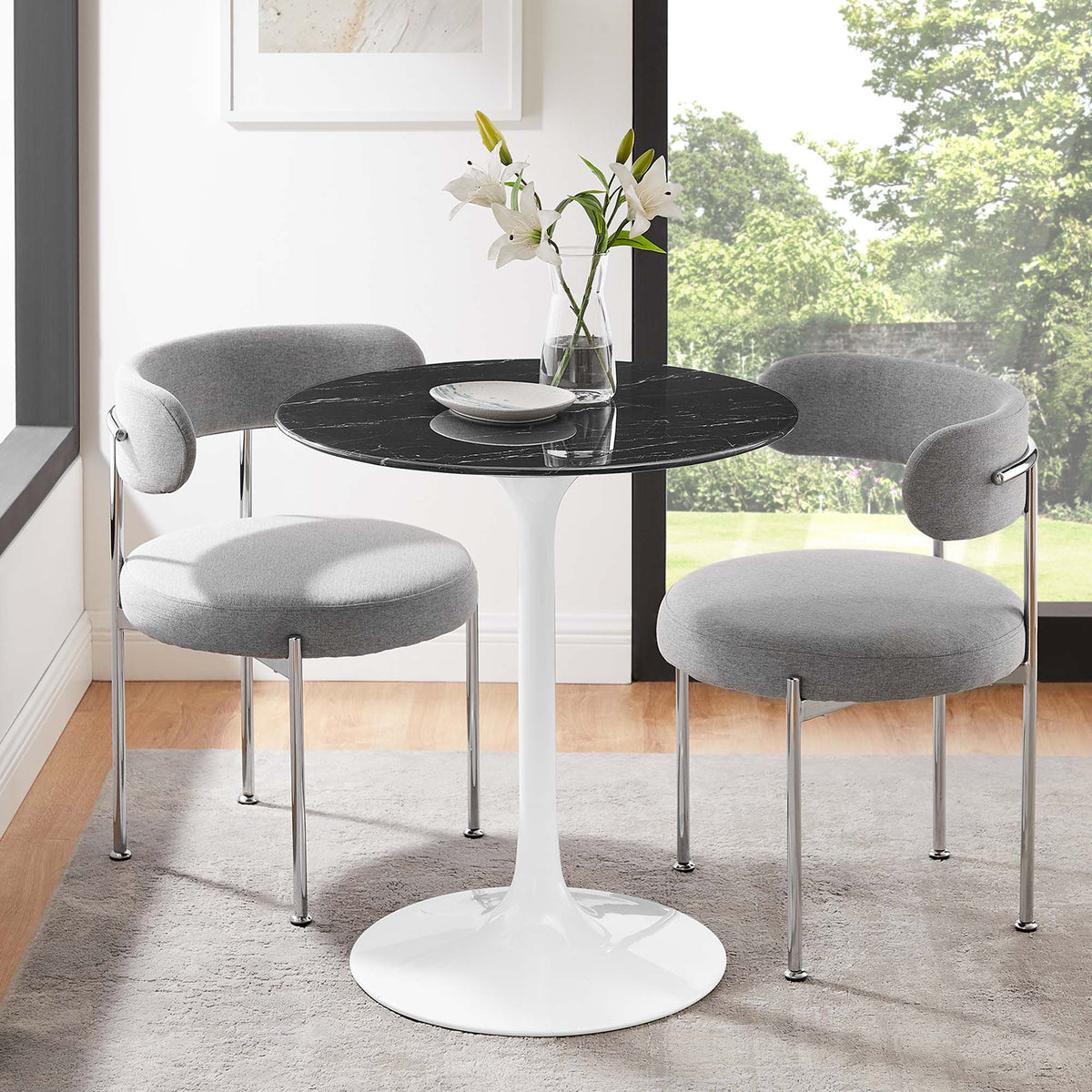 Lippa 28" Round Faux Marble Dining Table, White Black