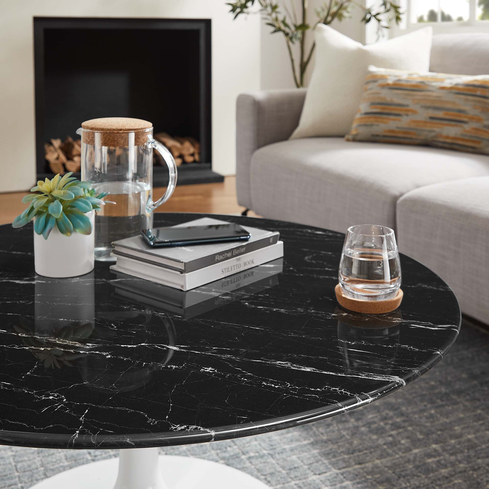Lippa 36" Round Faux Marble Coffee Table, White Black