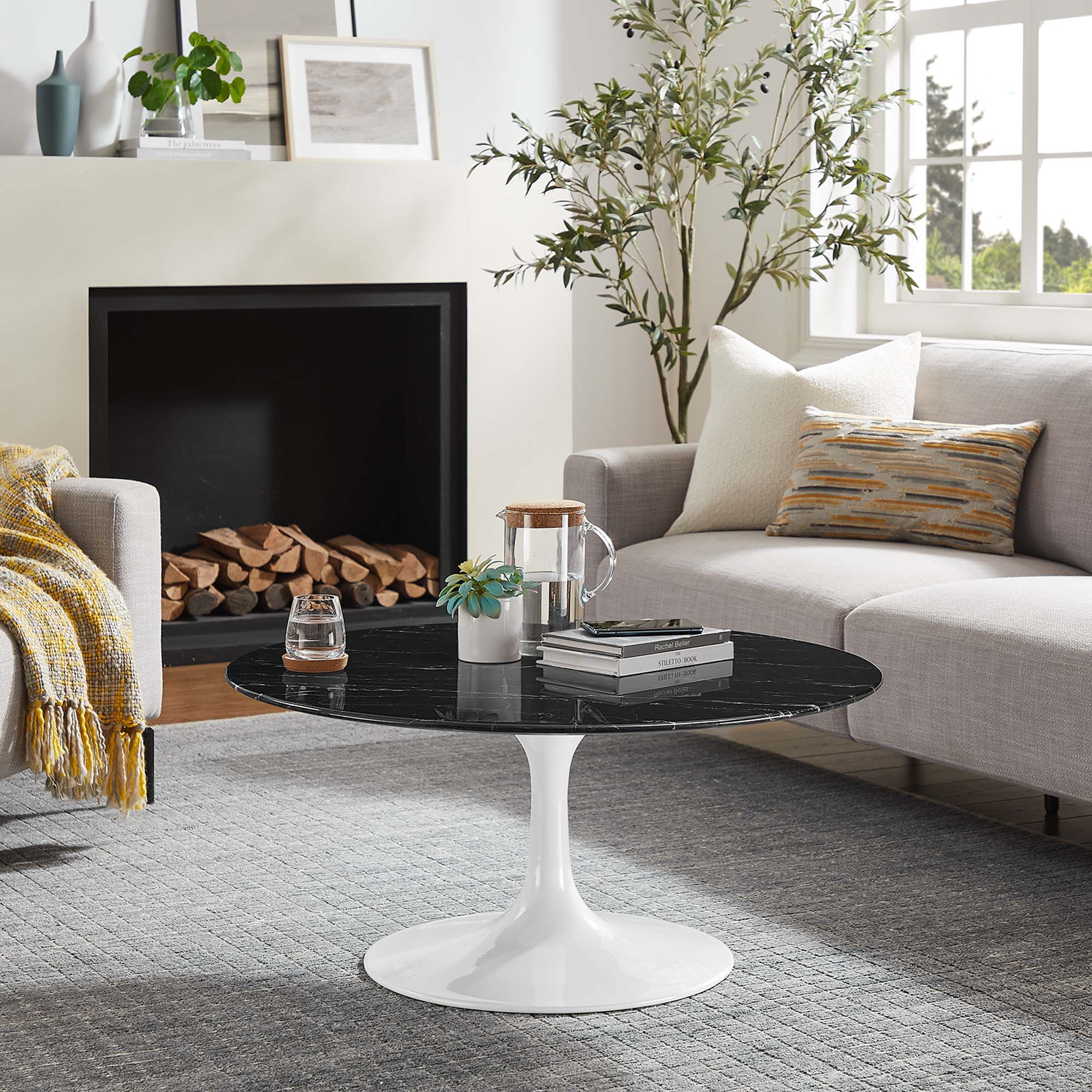 Lippa 36" Round Faux Marble Coffee Table, White Black