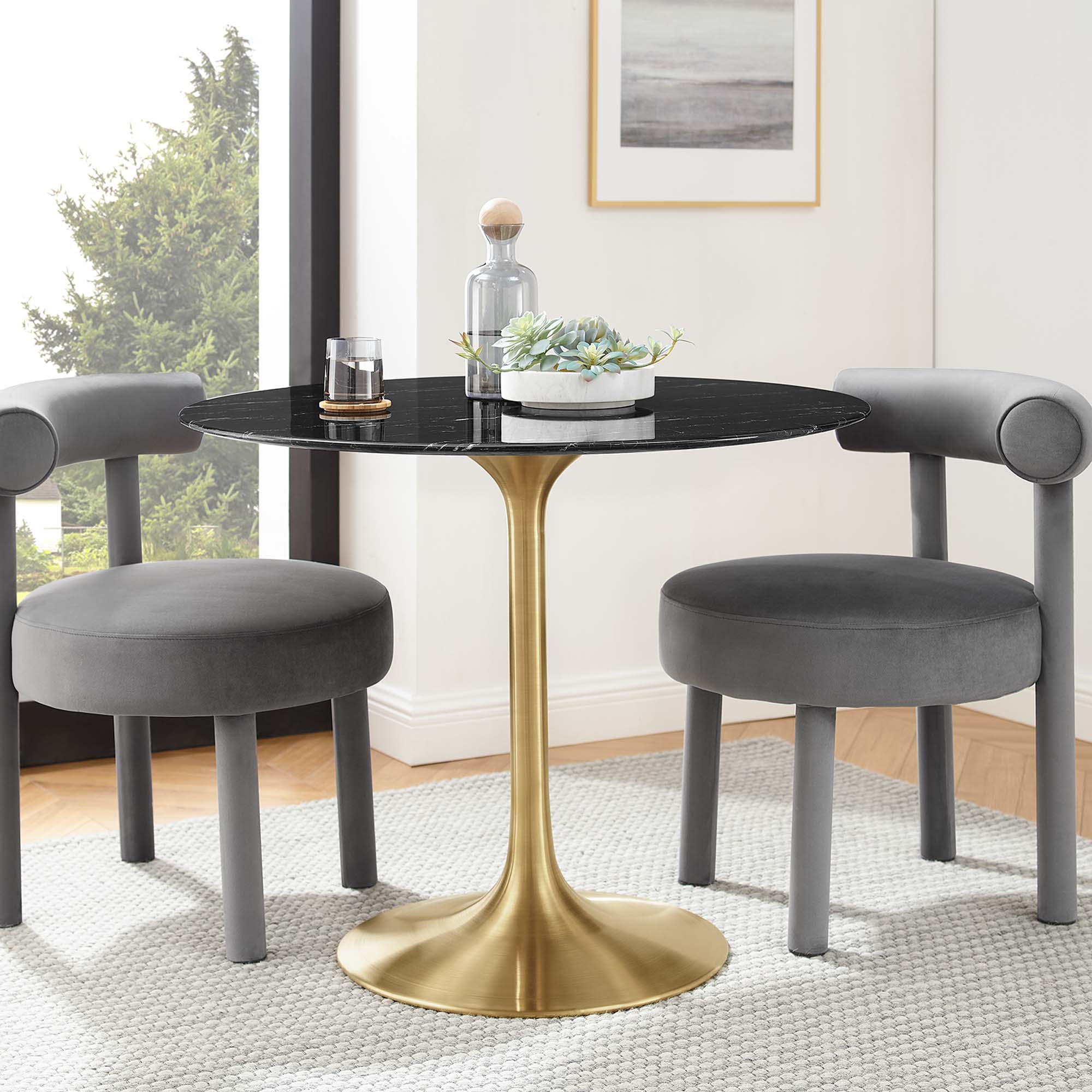 Lippa 36" Round Faux Marble Dining Table, Gold Black