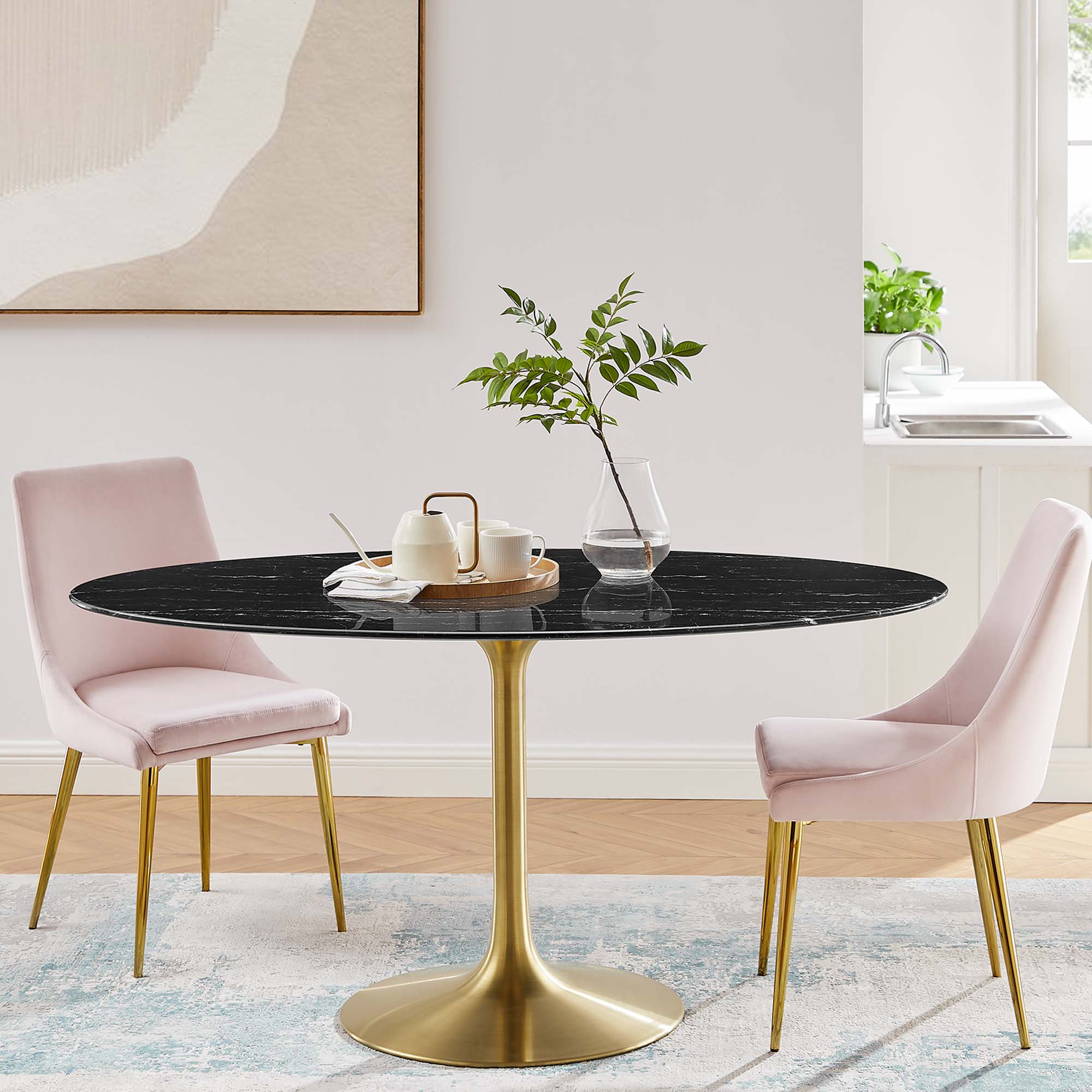 Lippa 60" Oval Faux Marble Dining Table, Gold Black