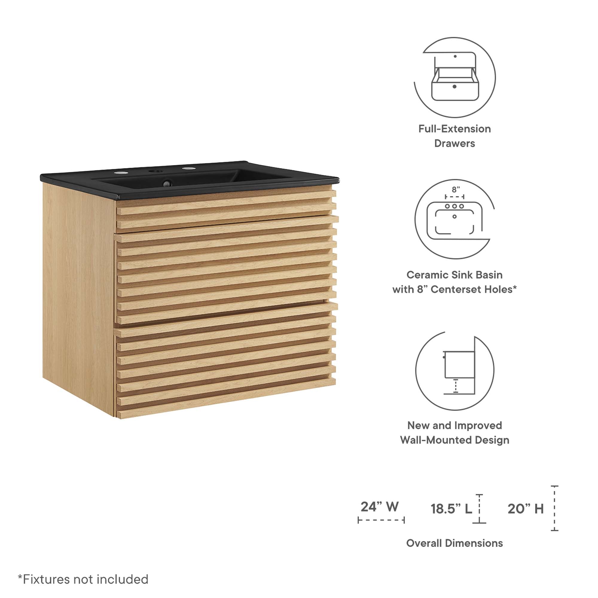 Render 24" Wall-Mount Bathroom Vanity, Oak Black