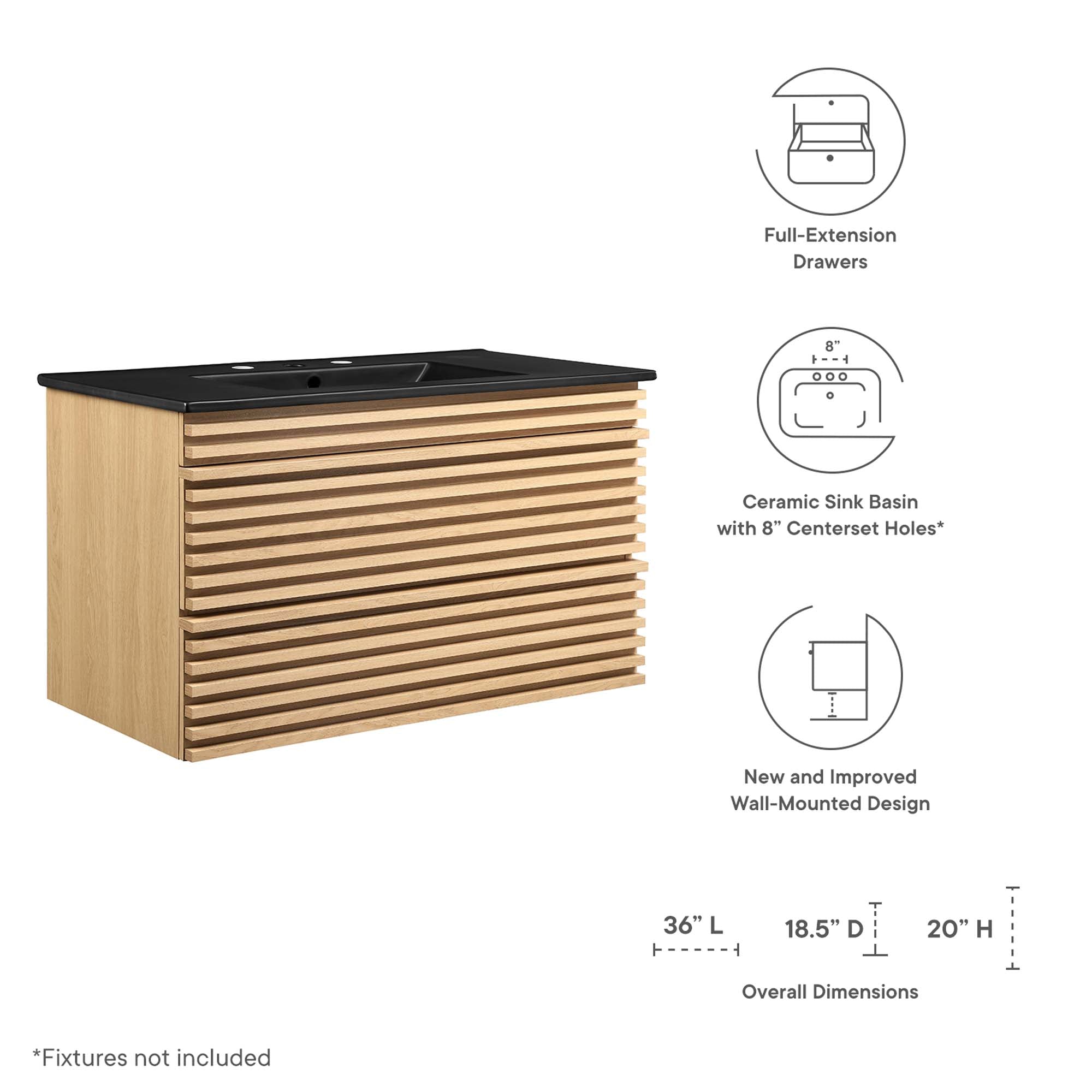 Render 36" Wall-Mount Bathroom Vanity, Oak Black