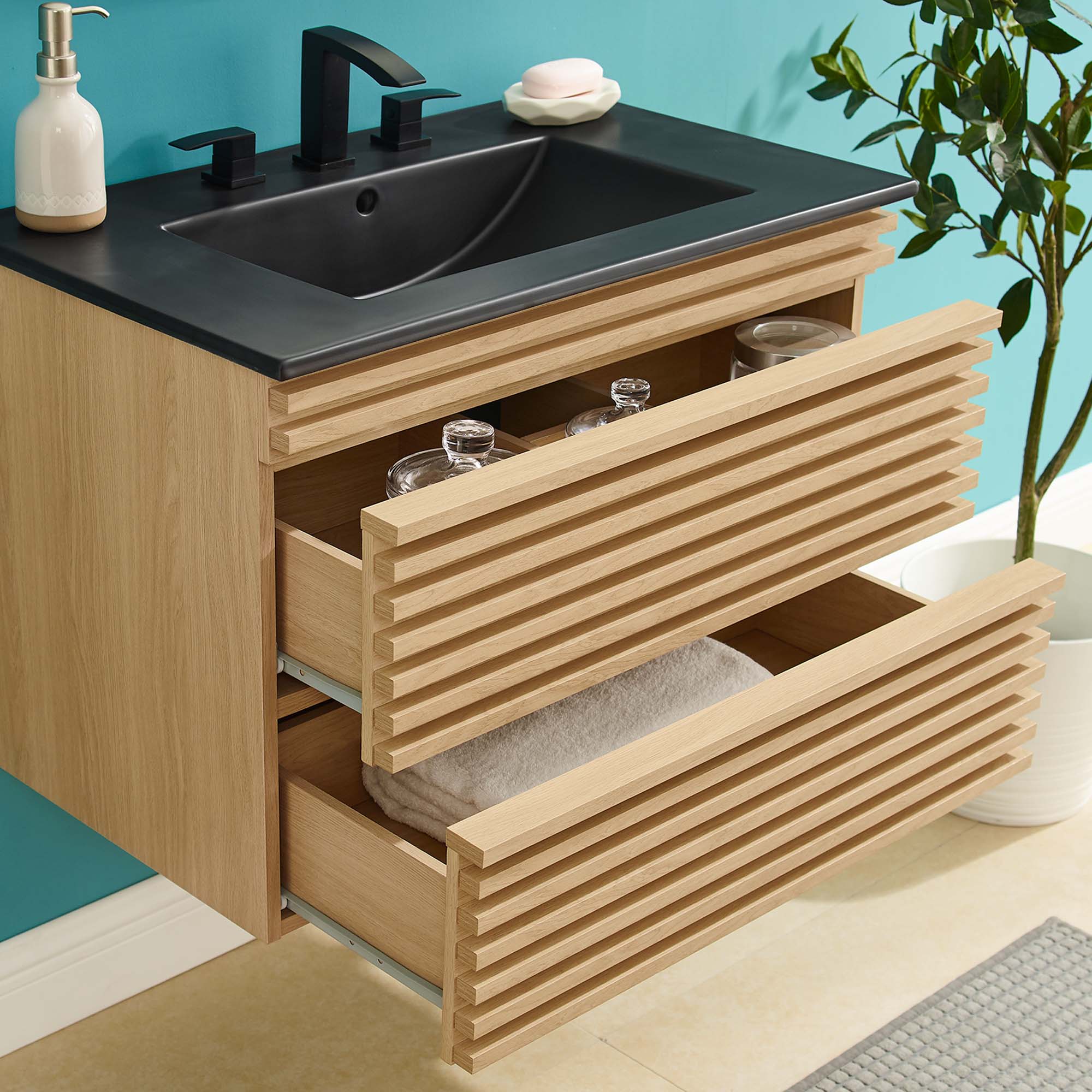 Render 30" Wall-Mount Bathroom Vanity, Oak Black