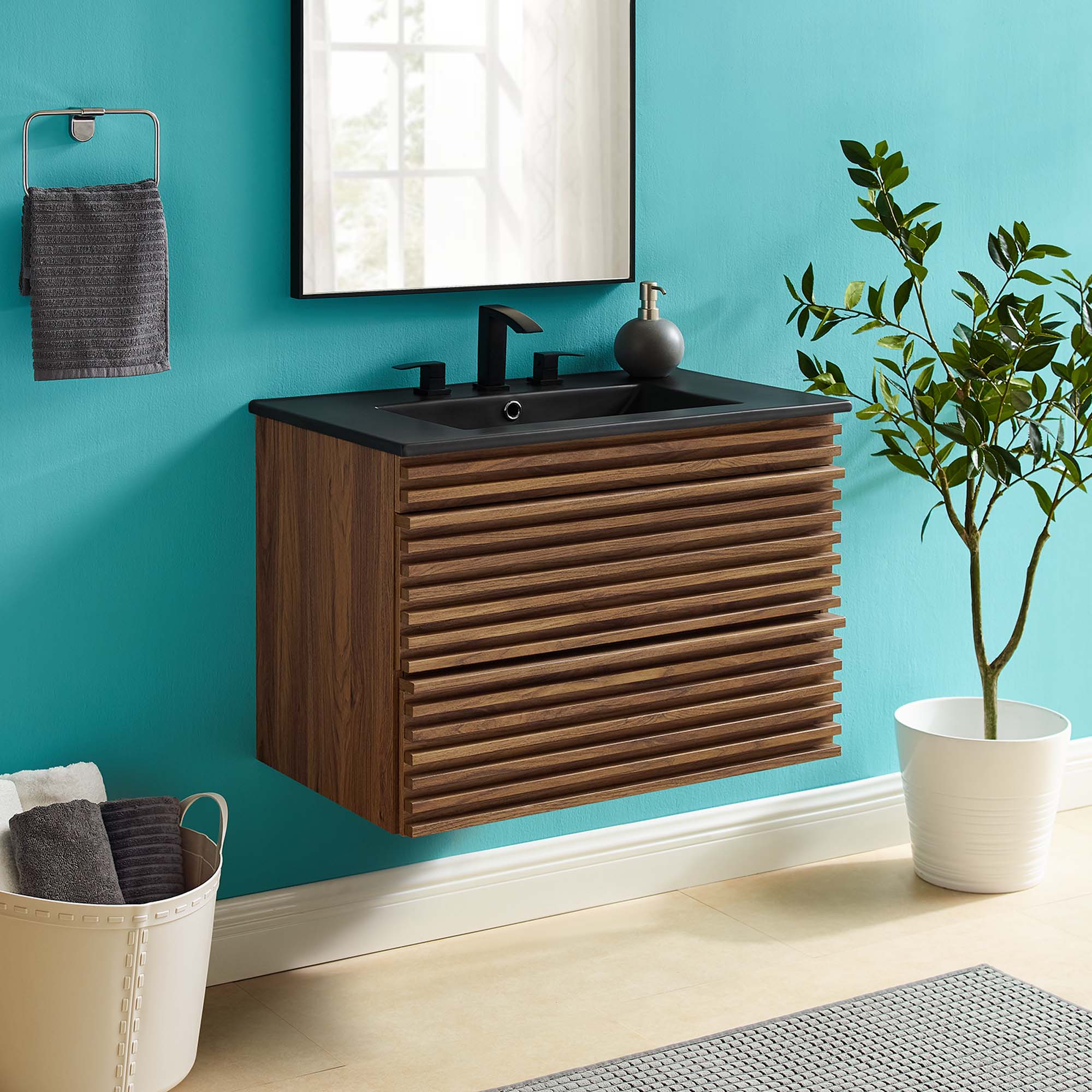 Render 30" Wall-Mount Bathroom Vanity, Walnut Black