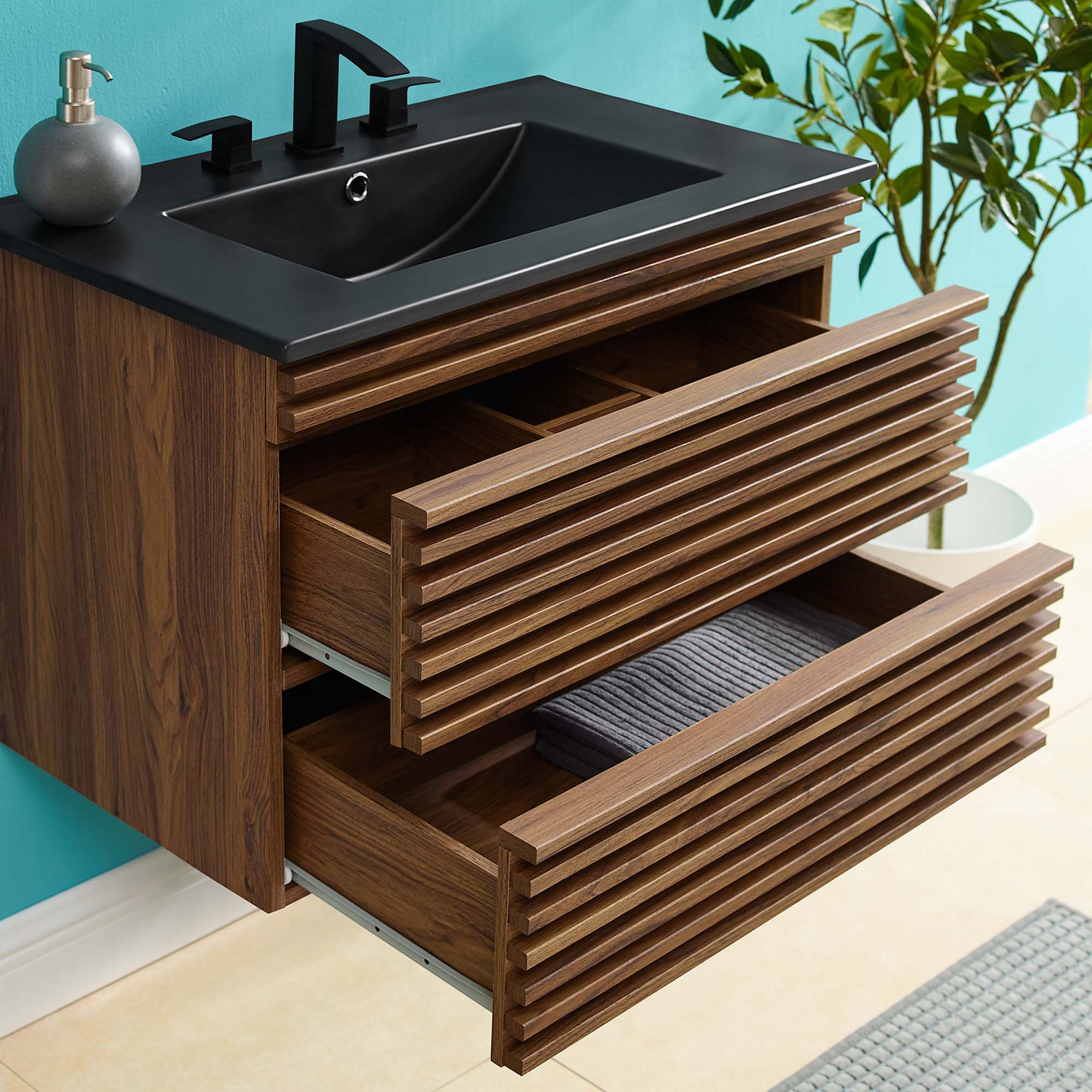 Render 30" Wall-Mount Bathroom Vanity, Walnut Black