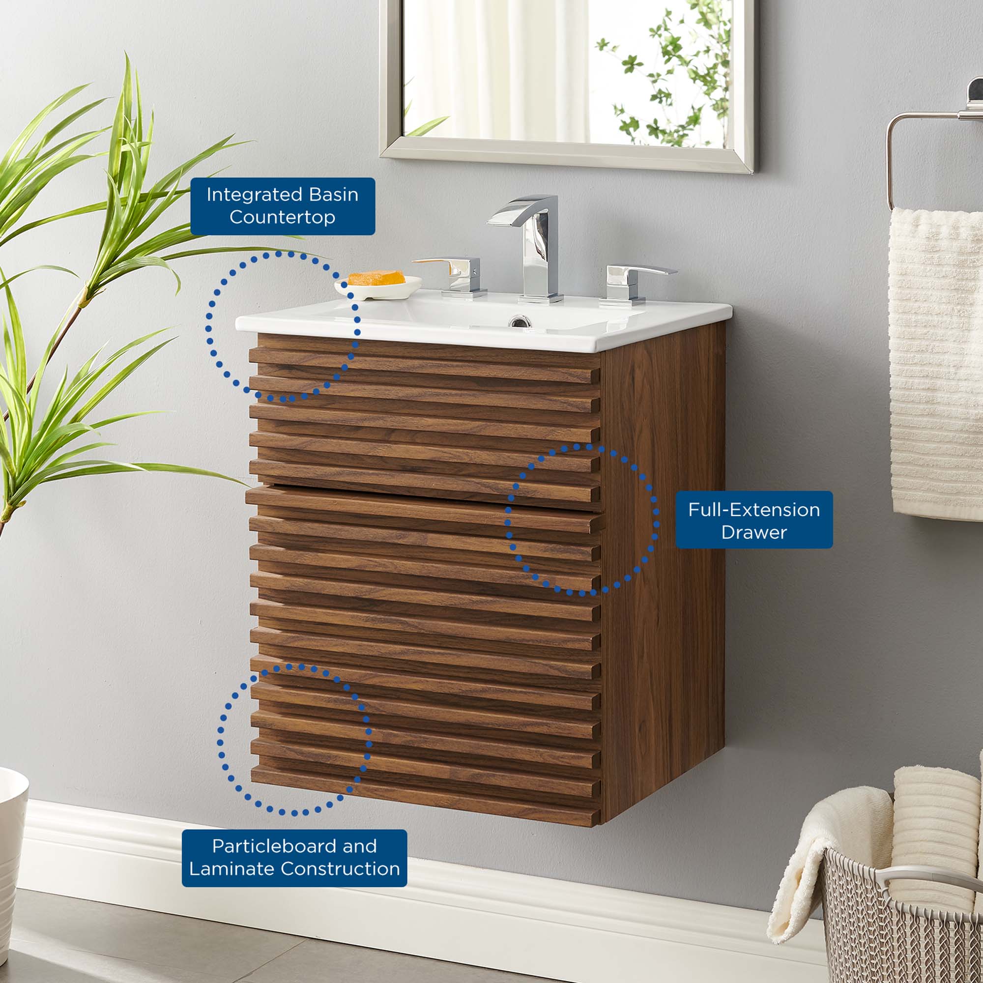 Render 18" Wall-Mount Bathroom Vanity, Walnut White