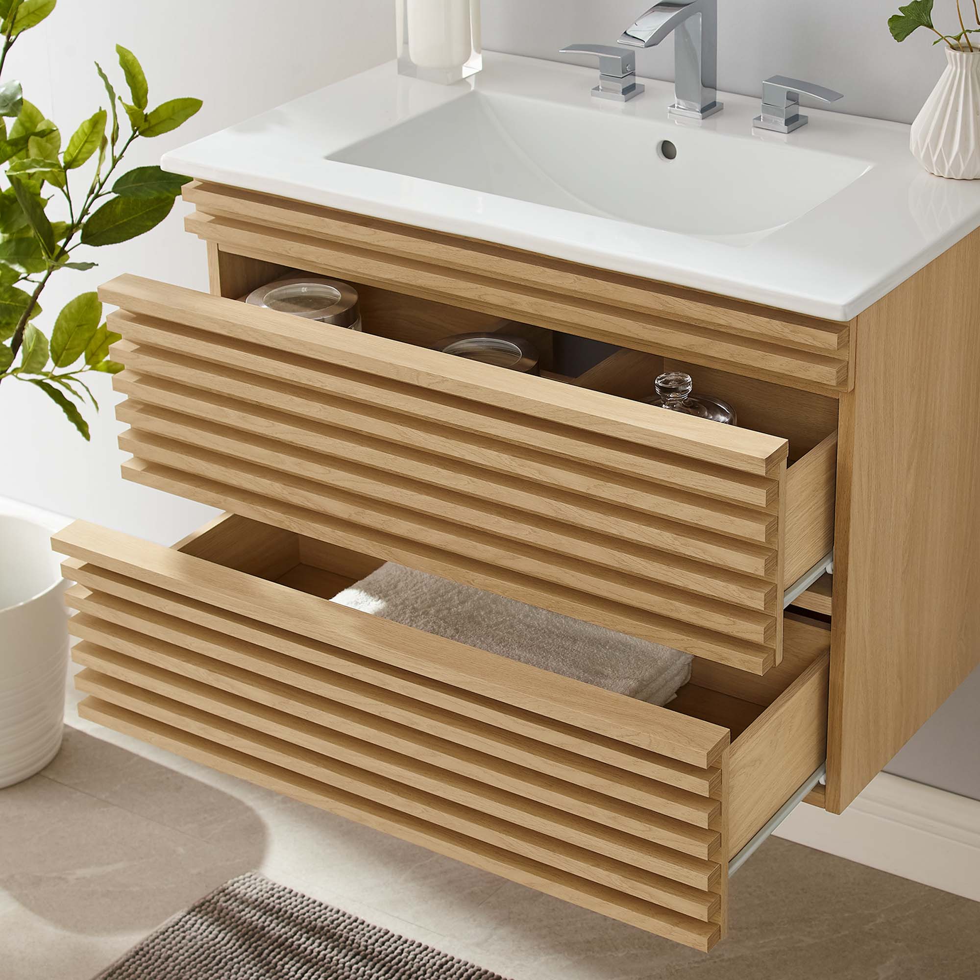 Render 30" Wall-Mount Bathroom Vanity, Oak White
