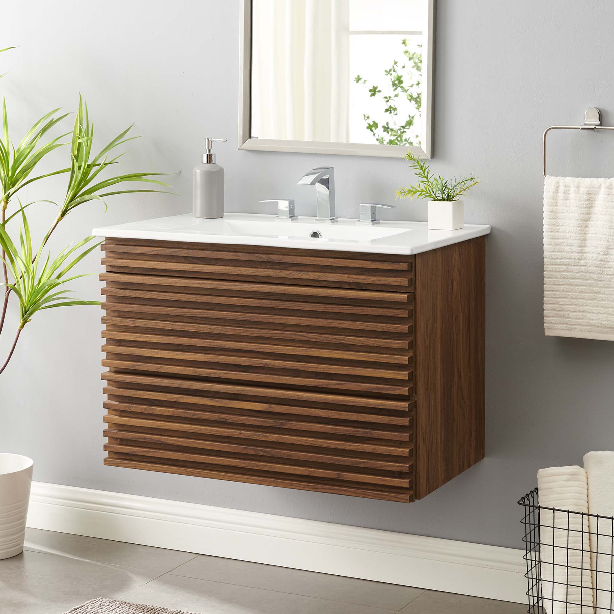 Render 30" Wall-Mount Bathroom Vanity, Walnut White