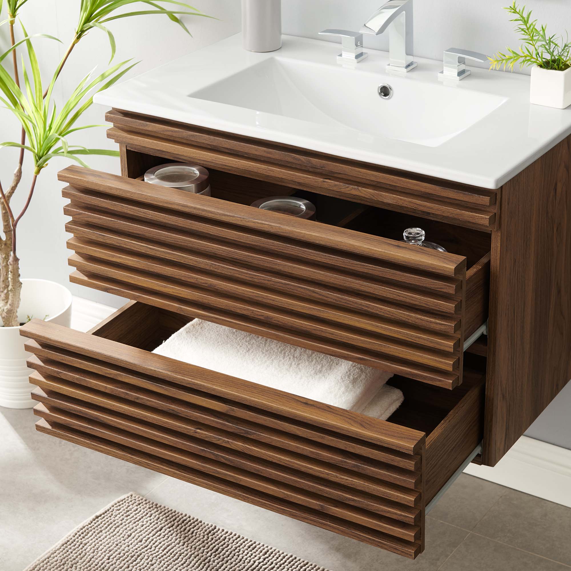 Render 30" Wall-Mount Bathroom Vanity, Walnut White