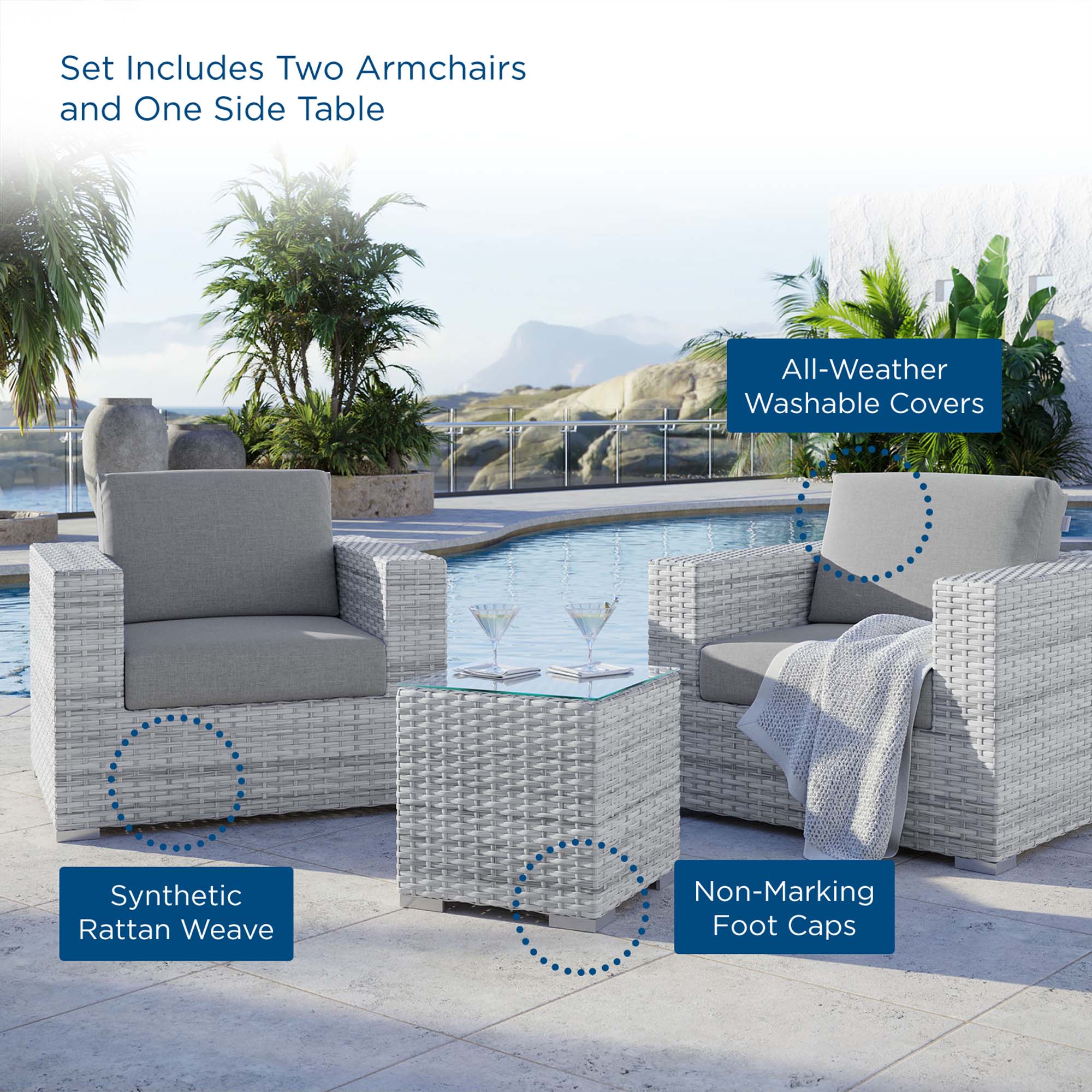Convene 3-Piece Outdoor Patio Set, Light Gray Gray