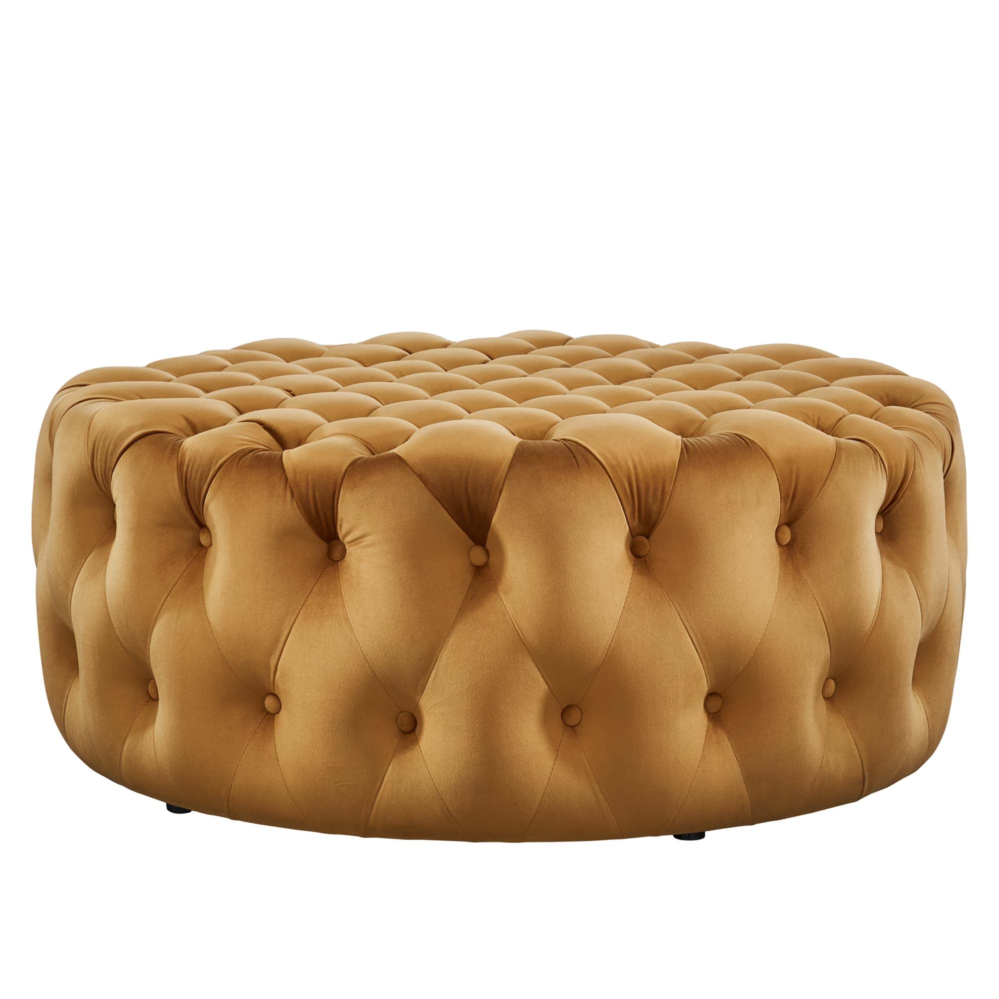 Amour Tufted Button Large Round Performance Velvet Ottoman, Cognac