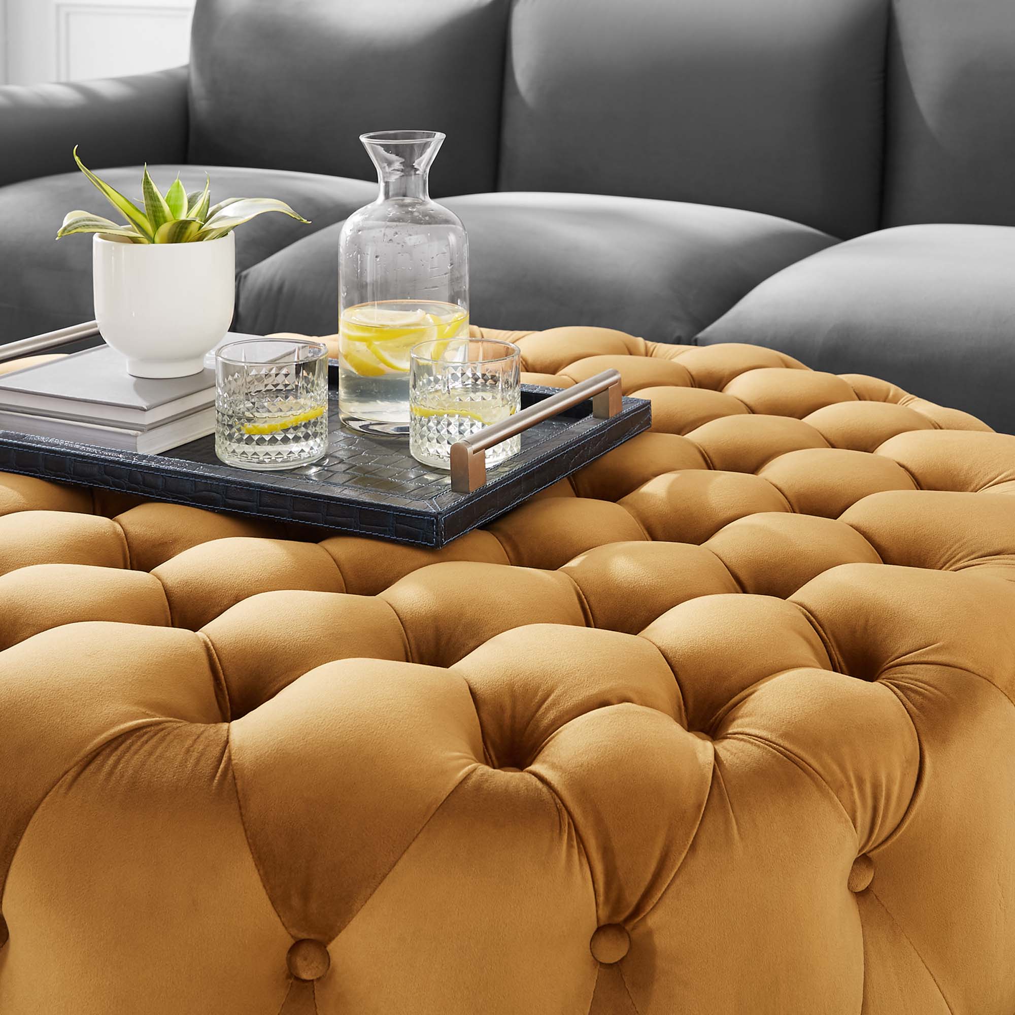 Amour Tufted Button Large Round Performance Velvet Ottoman, Cognac