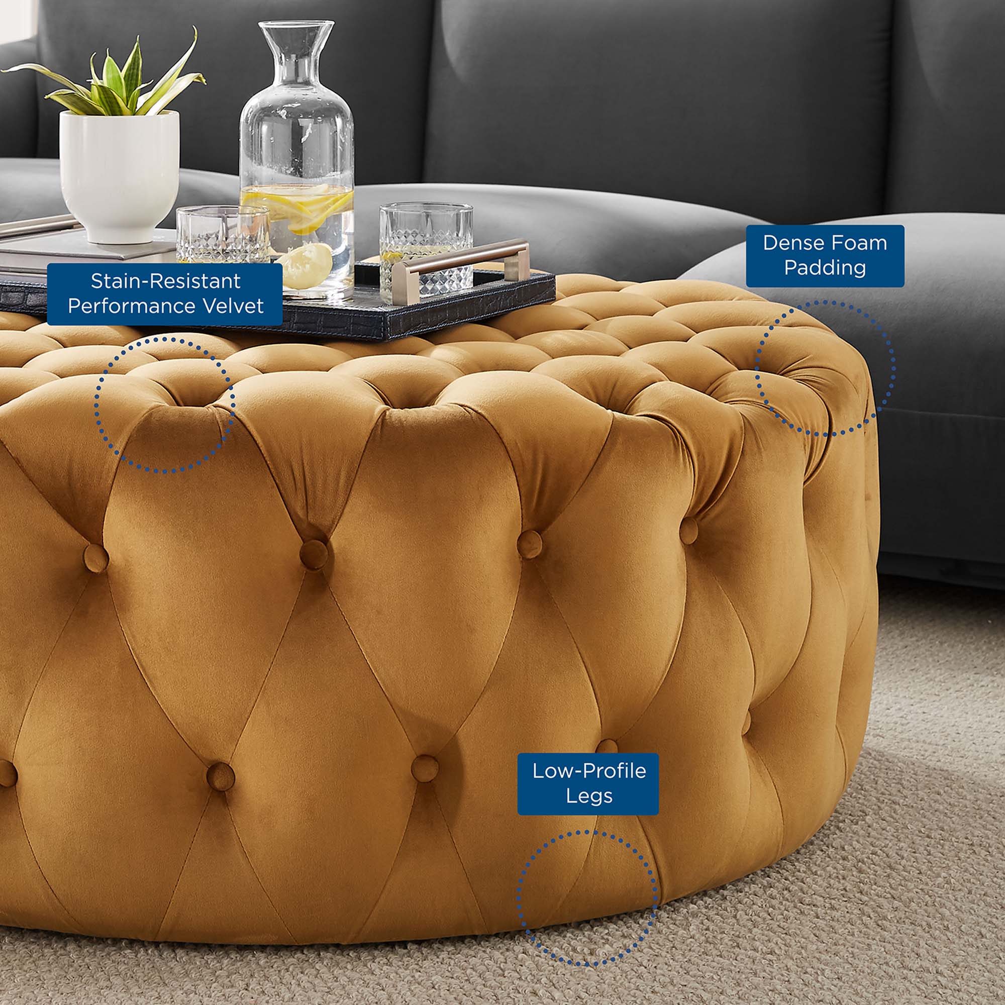 Amour Tufted Button Large Round Performance Velvet Ottoman, Cognac