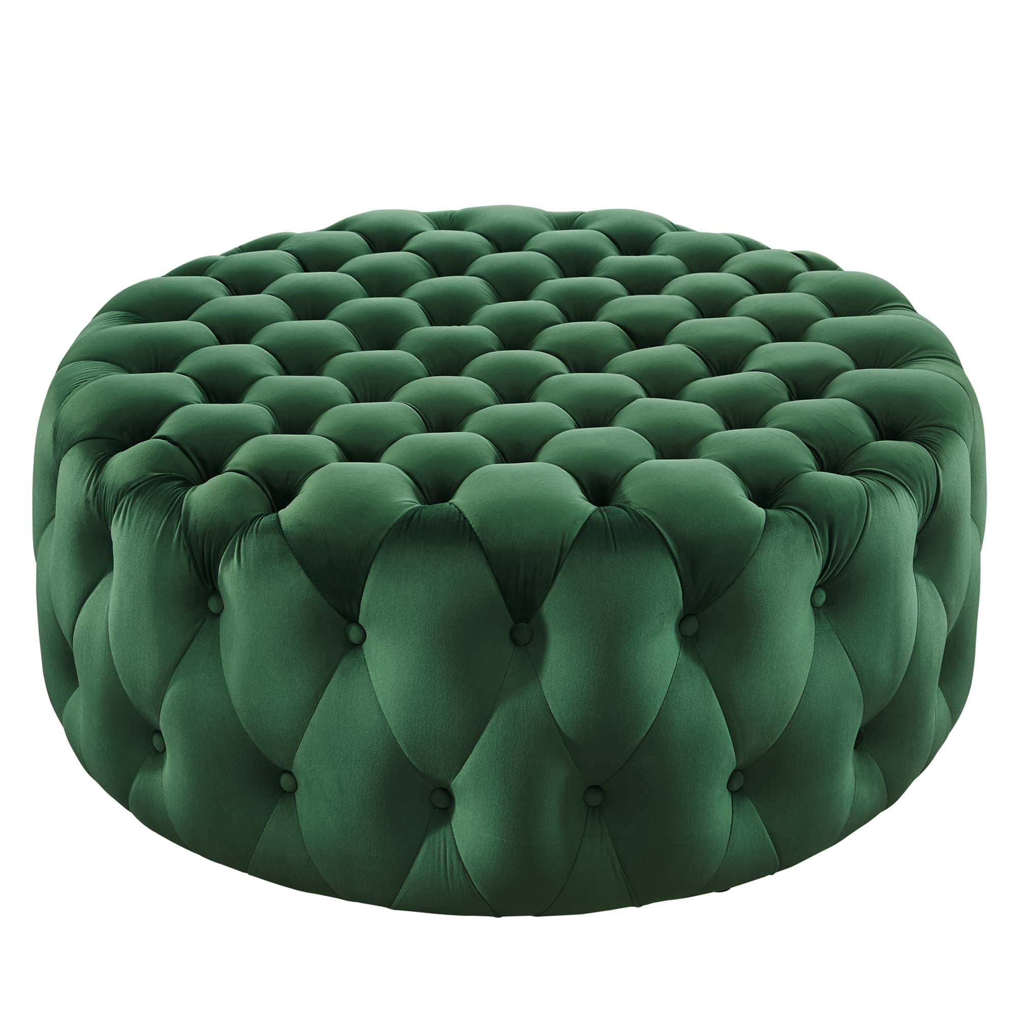Amour Tufted Button Large Round Performance Velvet Ottoman, Emerald