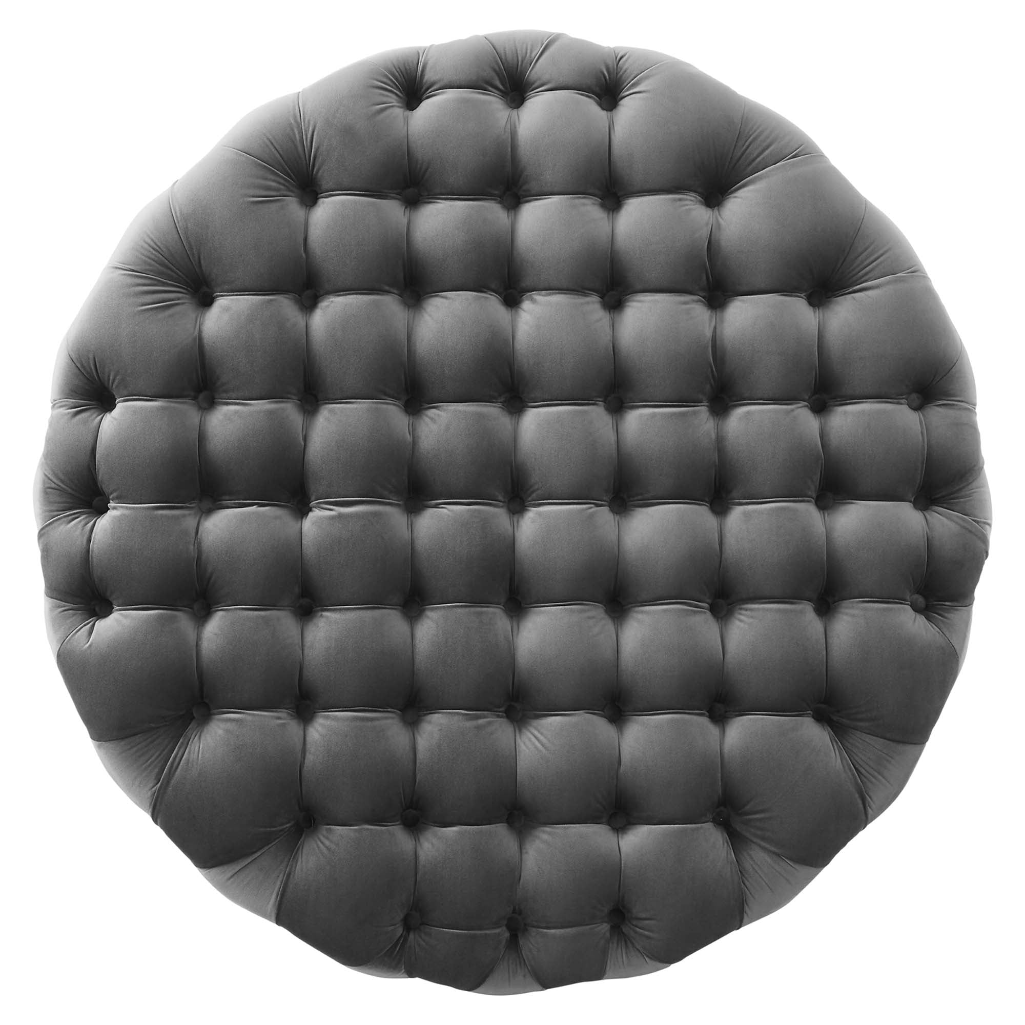 Amour Tufted Button Large Round Performance Velvet Ottoman, Gray