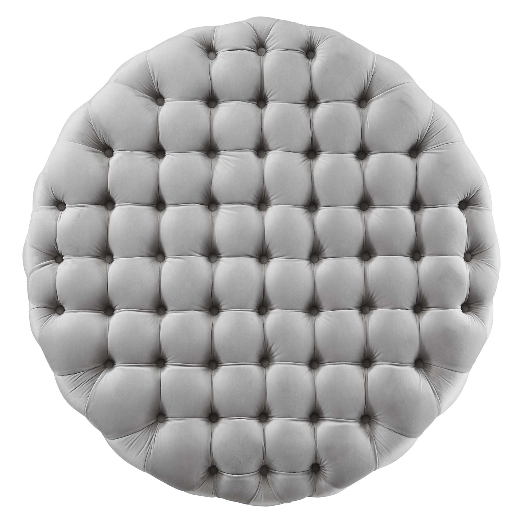 Amour Tufted Button Large Round Performance Velvet Ottoman, Light Gray