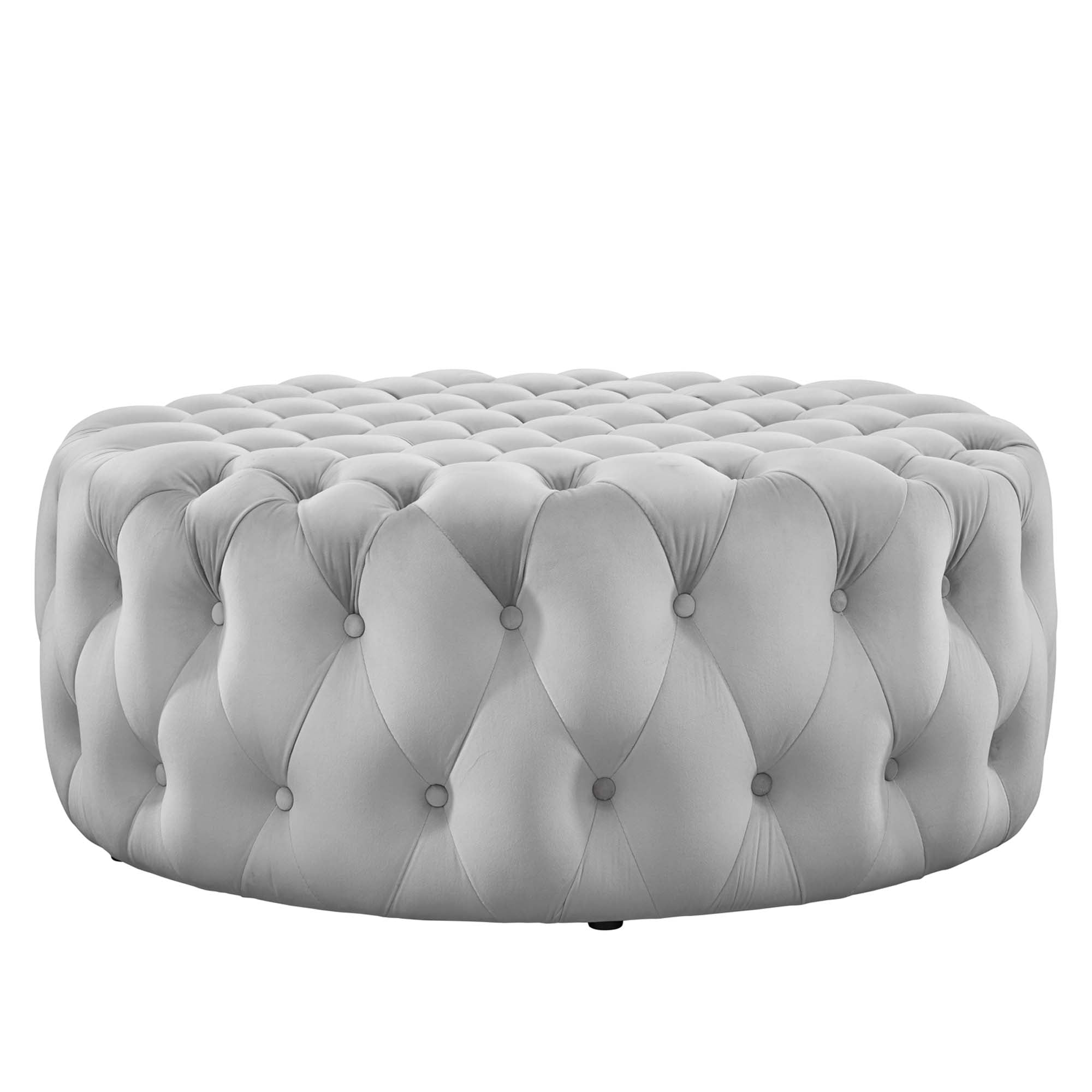 Amour Tufted Button Large Round Performance Velvet Ottoman, Light Gray