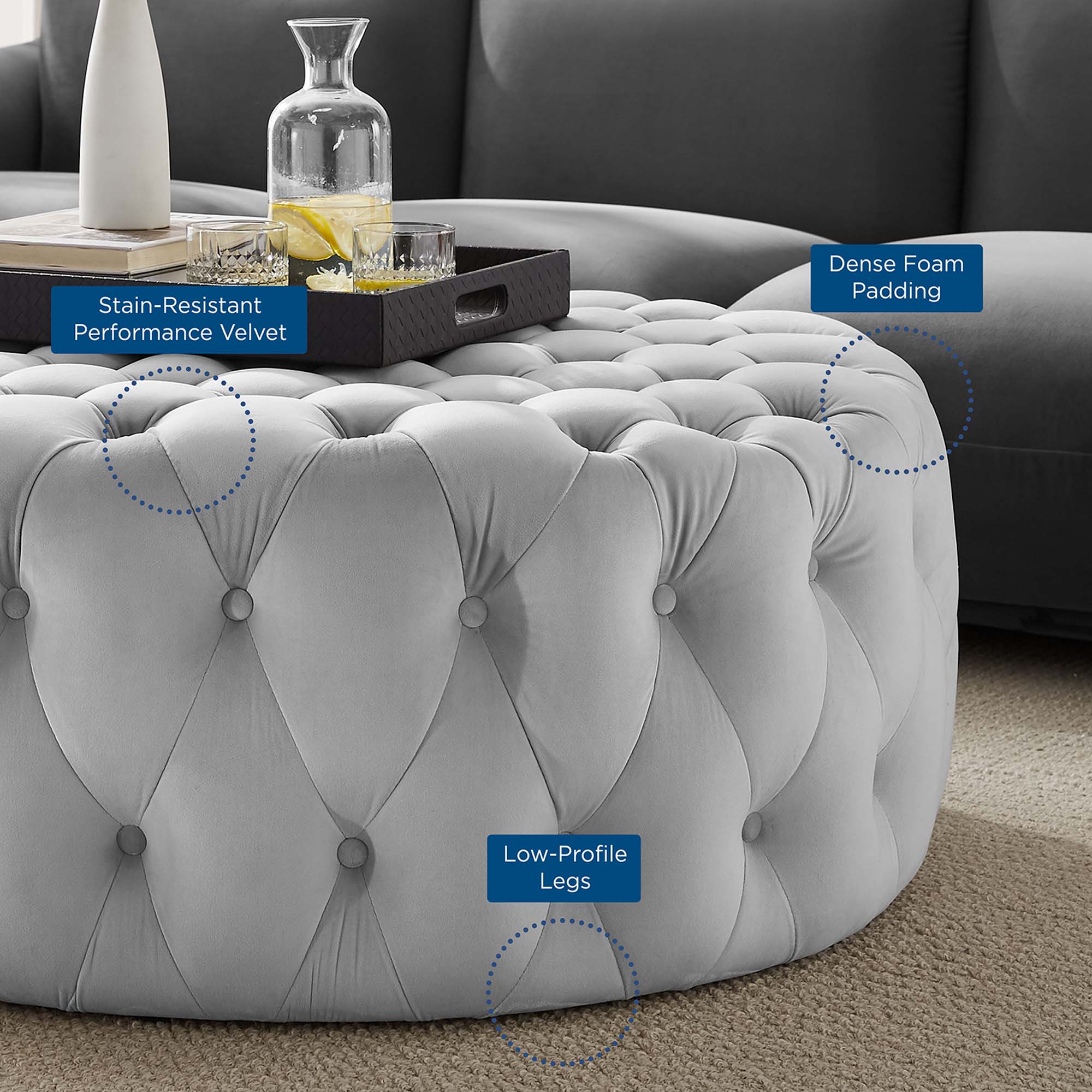 Amour Tufted Button Large Round Performance Velvet Ottoman, Light Gray