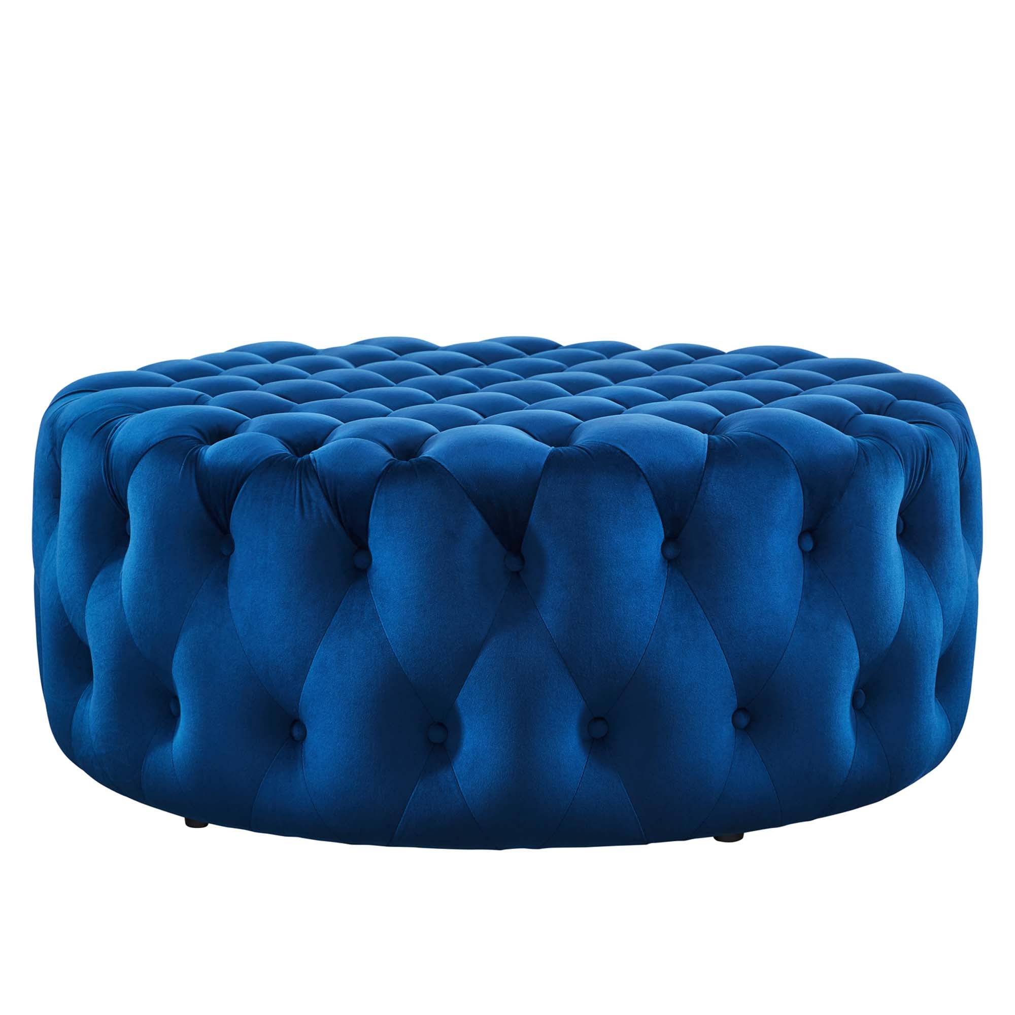 Amour Tufted Button Large Round Performance Velvet Ottoman, Navy