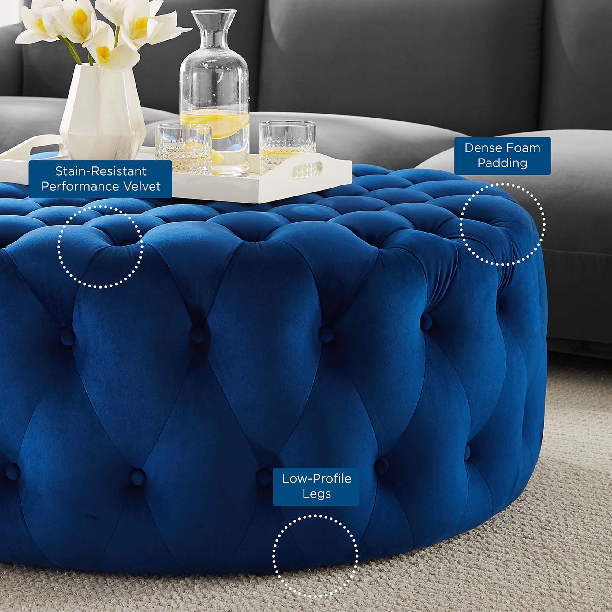 Amour Tufted Button Large Round Performance Velvet Ottoman, Navy