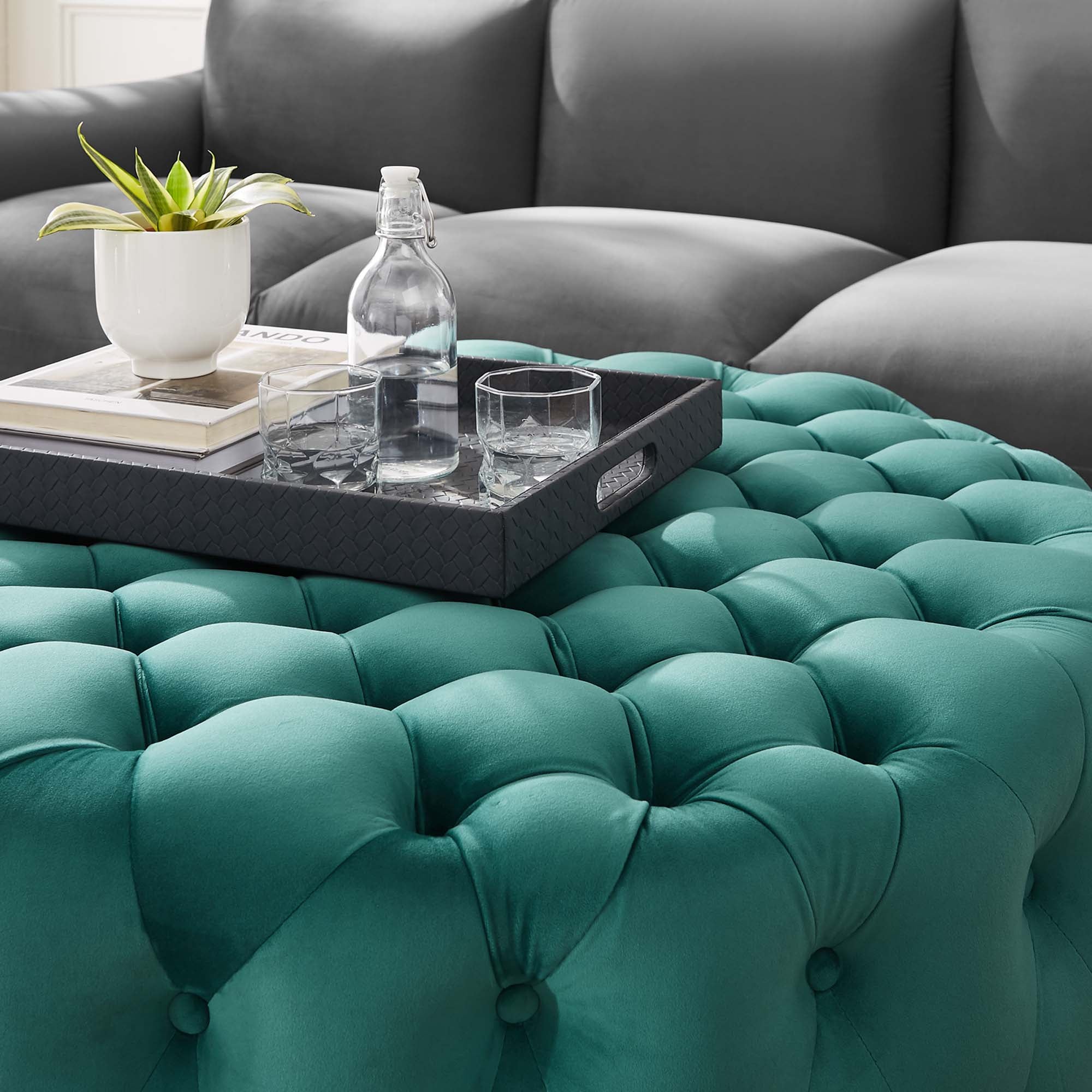 Amour Tufted Button Large Round Performance Velvet Ottoman, Teal