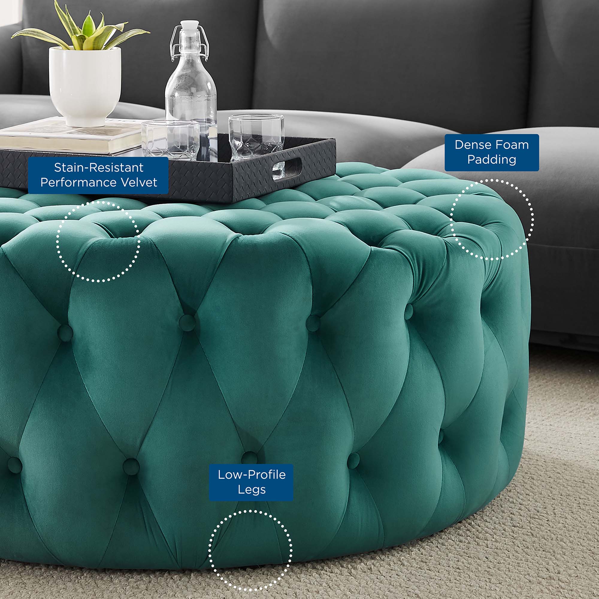 Amour Tufted Button Large Round Performance Velvet Ottoman, Teal
