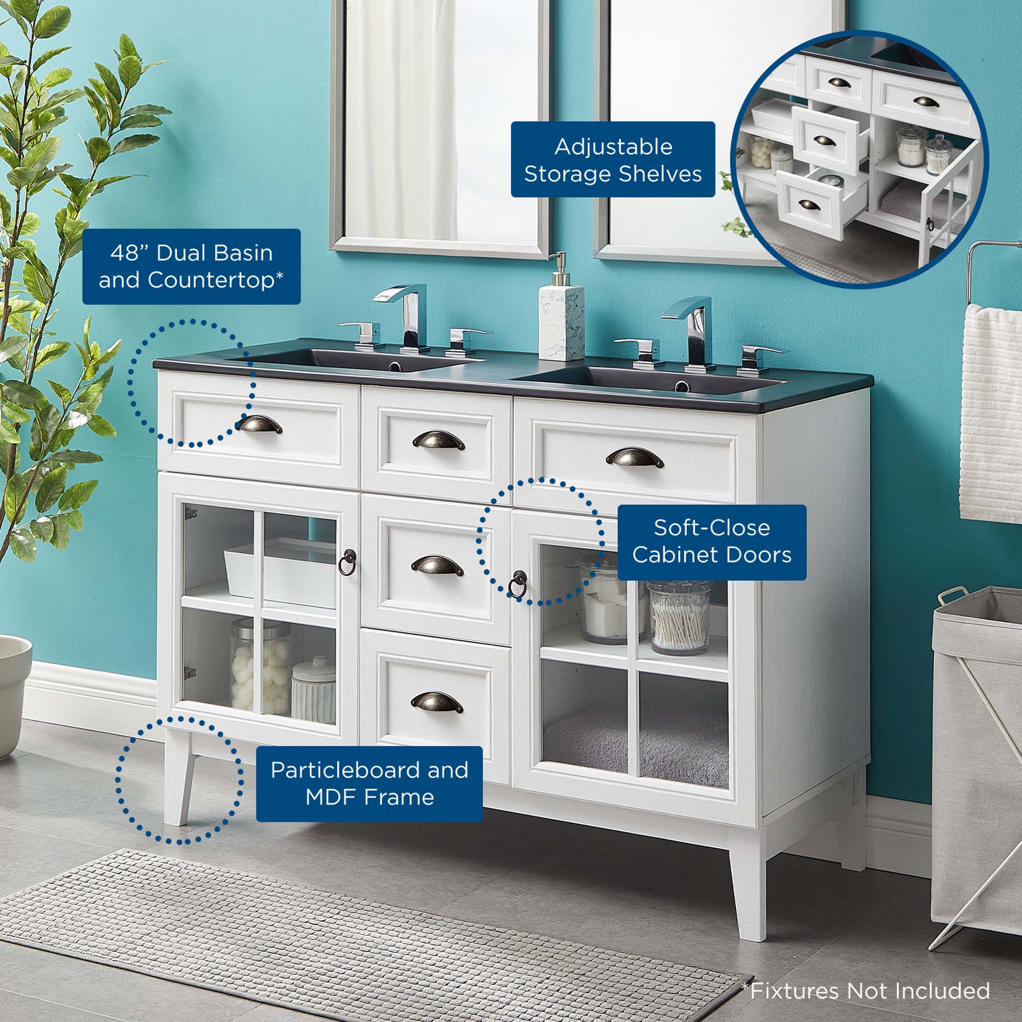 Isle 48" Double Bathroom Vanity Cabinet, White Black