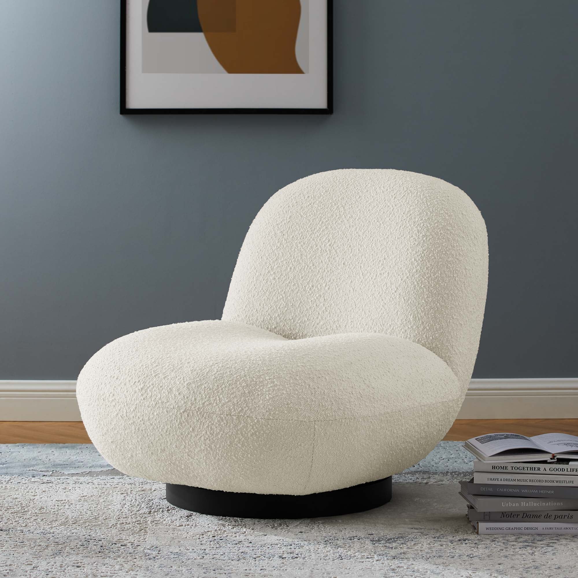 Kindred Boucle Upholstered Upholstered Fabric Swivel Chair, Black Ivory