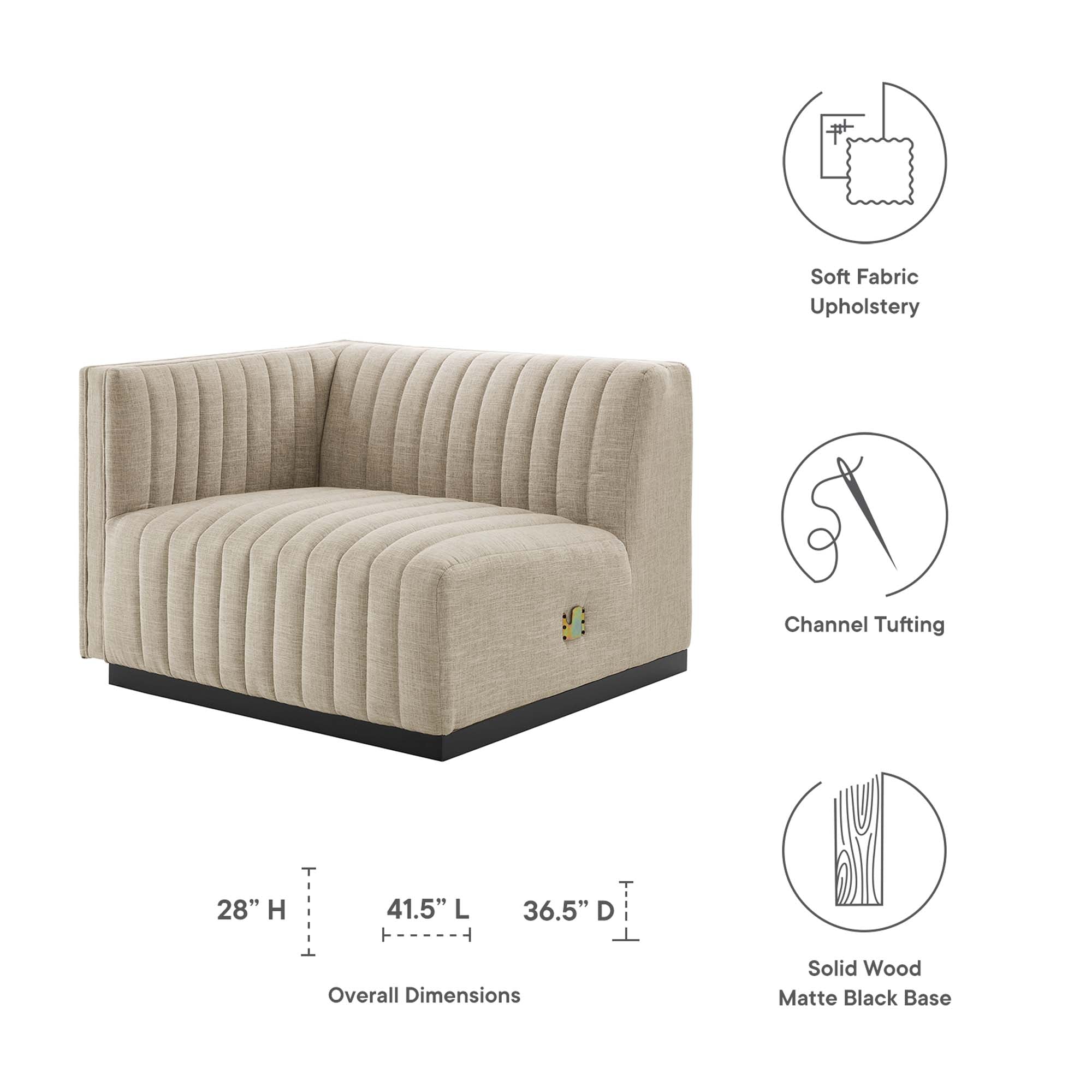 Conjure Channel Tufted Upholstered Fabric Left-Arm Chair, Black Beige