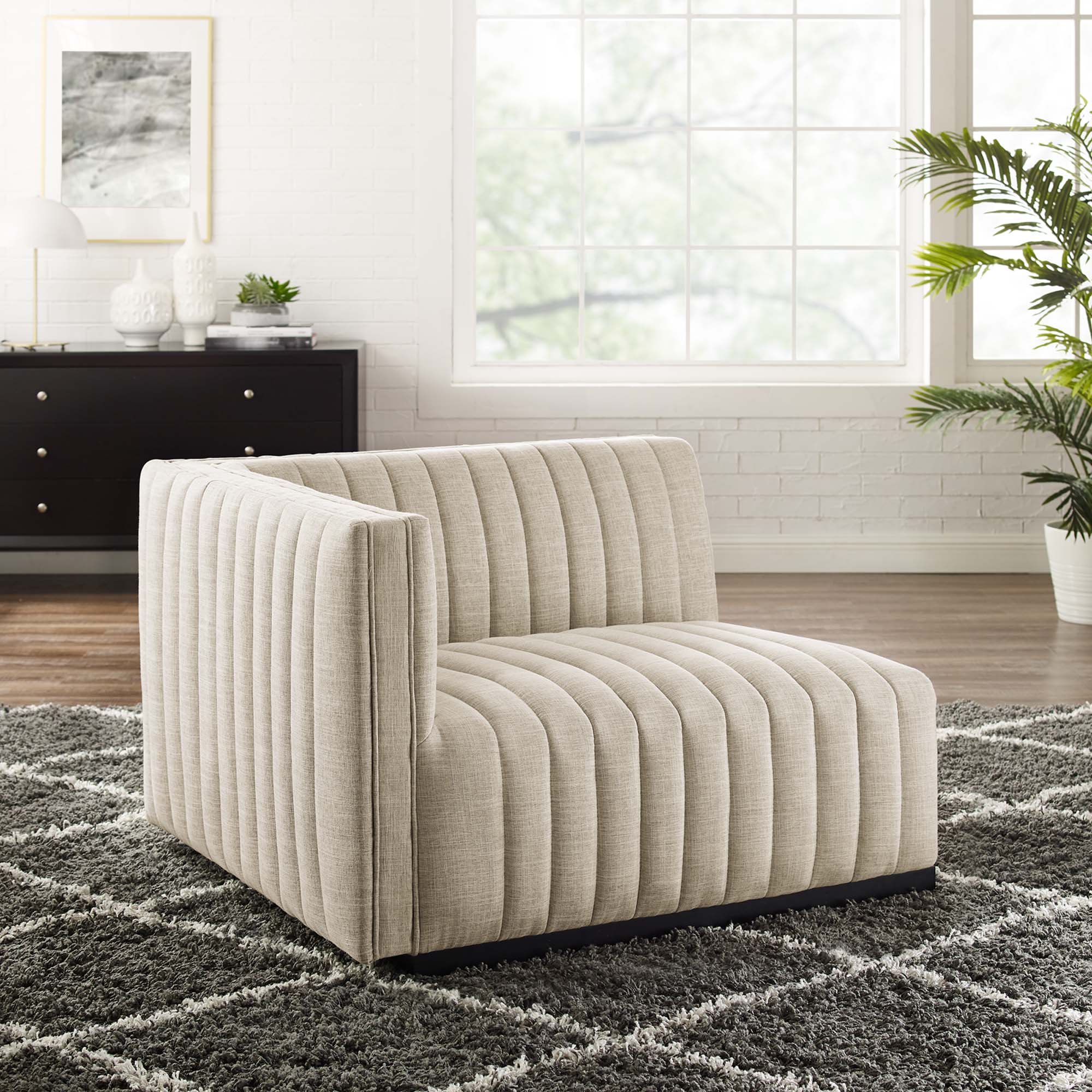 Conjure Channel Tufted Upholstered Fabric Left-Arm Chair, Black Beige