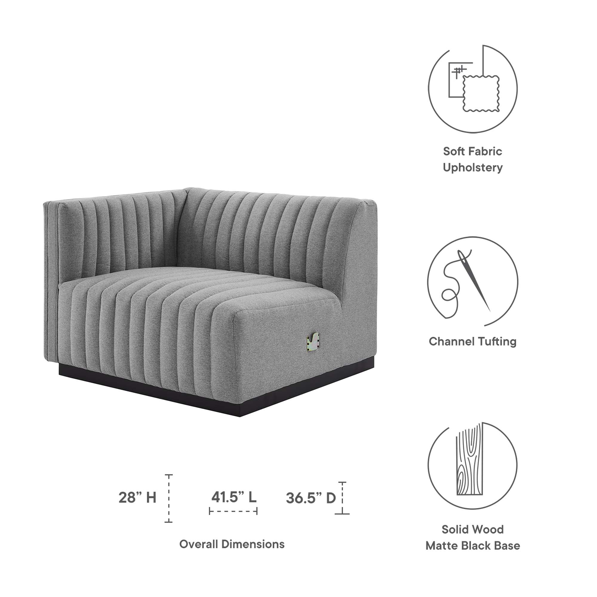 Conjure Channel Tufted Upholstered Fabric Left-Arm Chair, Black Light Gray