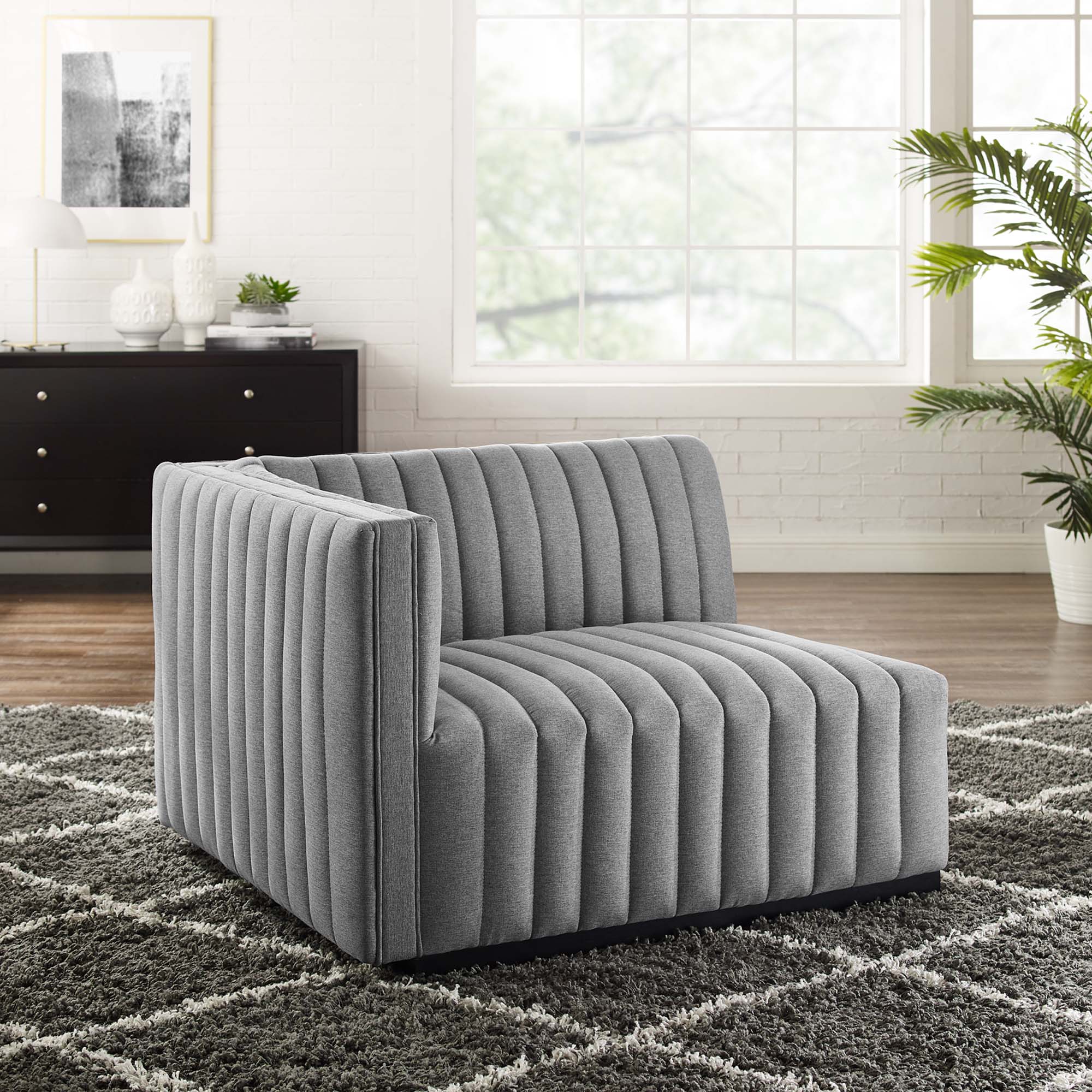 Conjure Channel Tufted Upholstered Fabric Left-Arm Chair, Black Light Gray