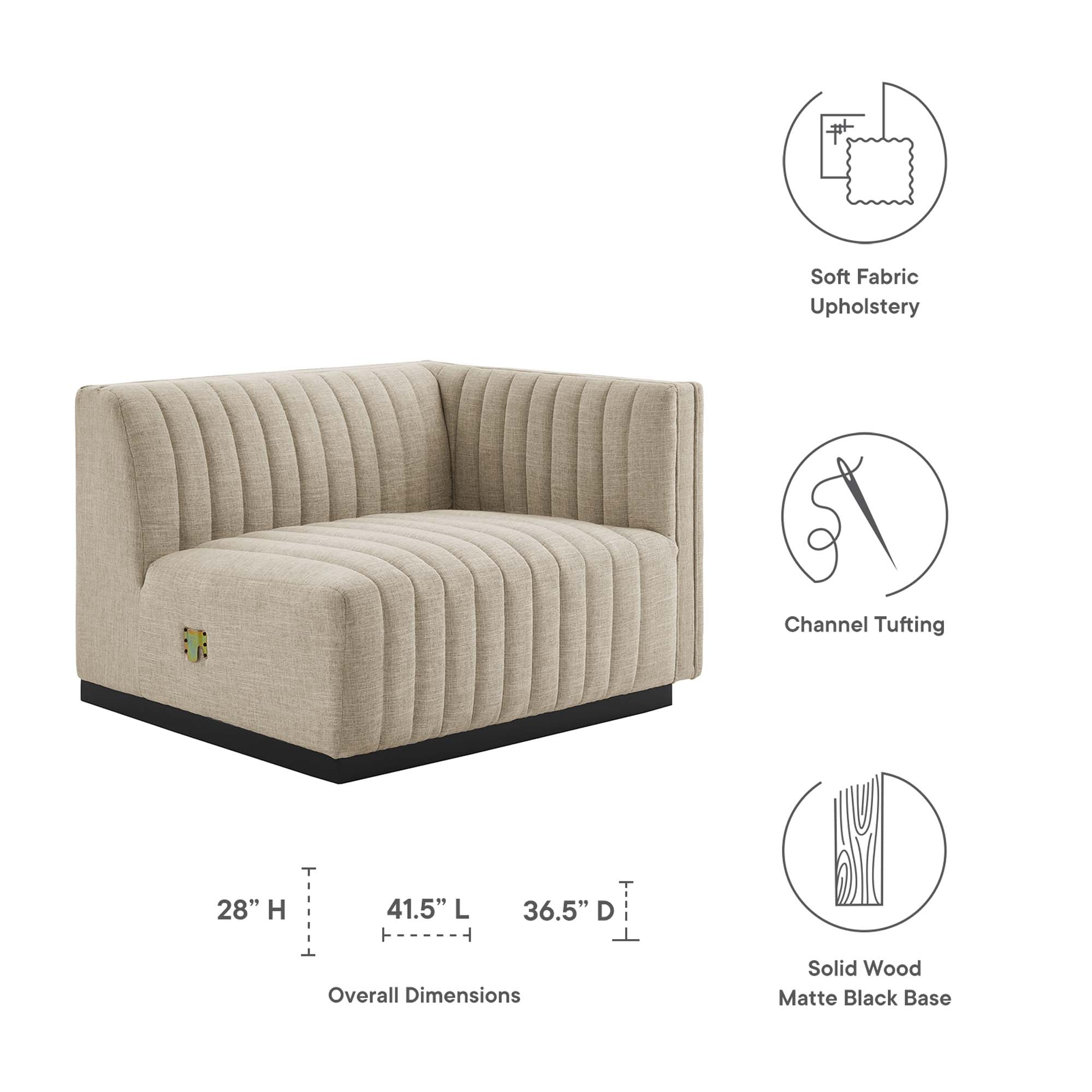 Conjure Channel Tufted Upholstered Fabric Right-Arm Chair, BlackBeige
