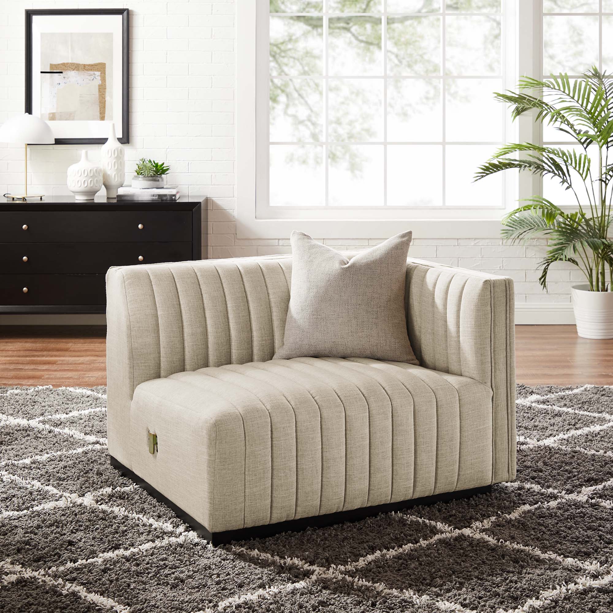 Conjure Channel Tufted Upholstered Fabric Right-Arm Chair, BlackBeige