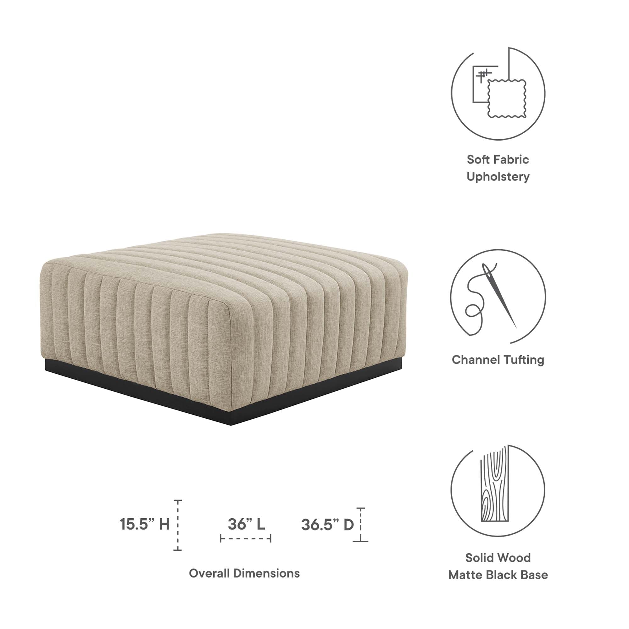 Conjure Channel Tufted Upholstered Fabric Ottoman, Black Beige
