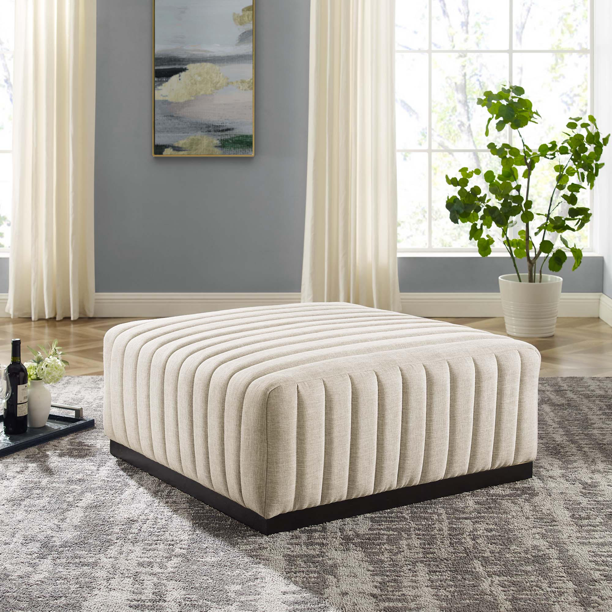 Conjure Channel Tufted Upholstered Fabric Ottoman, Black Beige