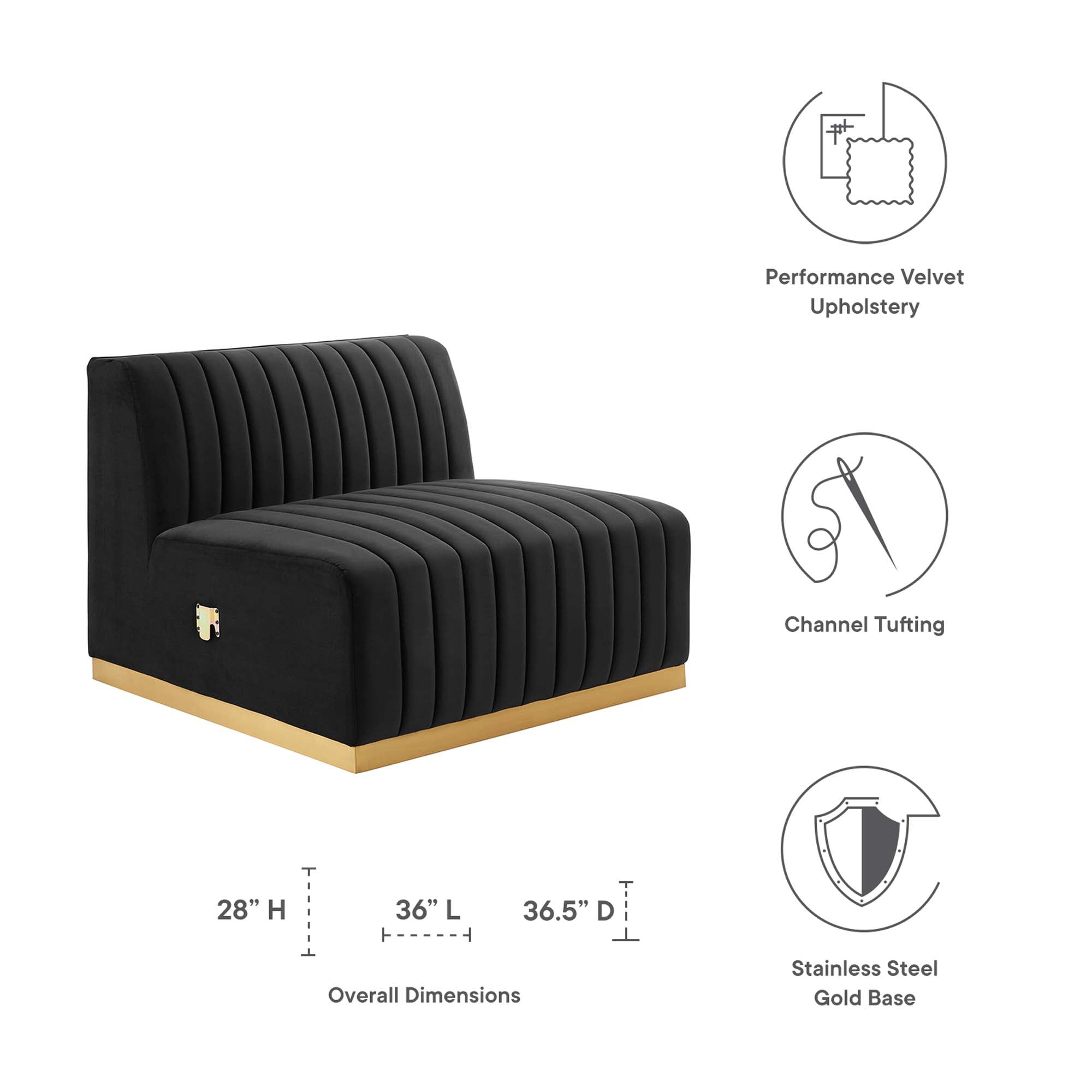 Conjure Channel Tufted Performance Velvet Armless Chair, Gold Black