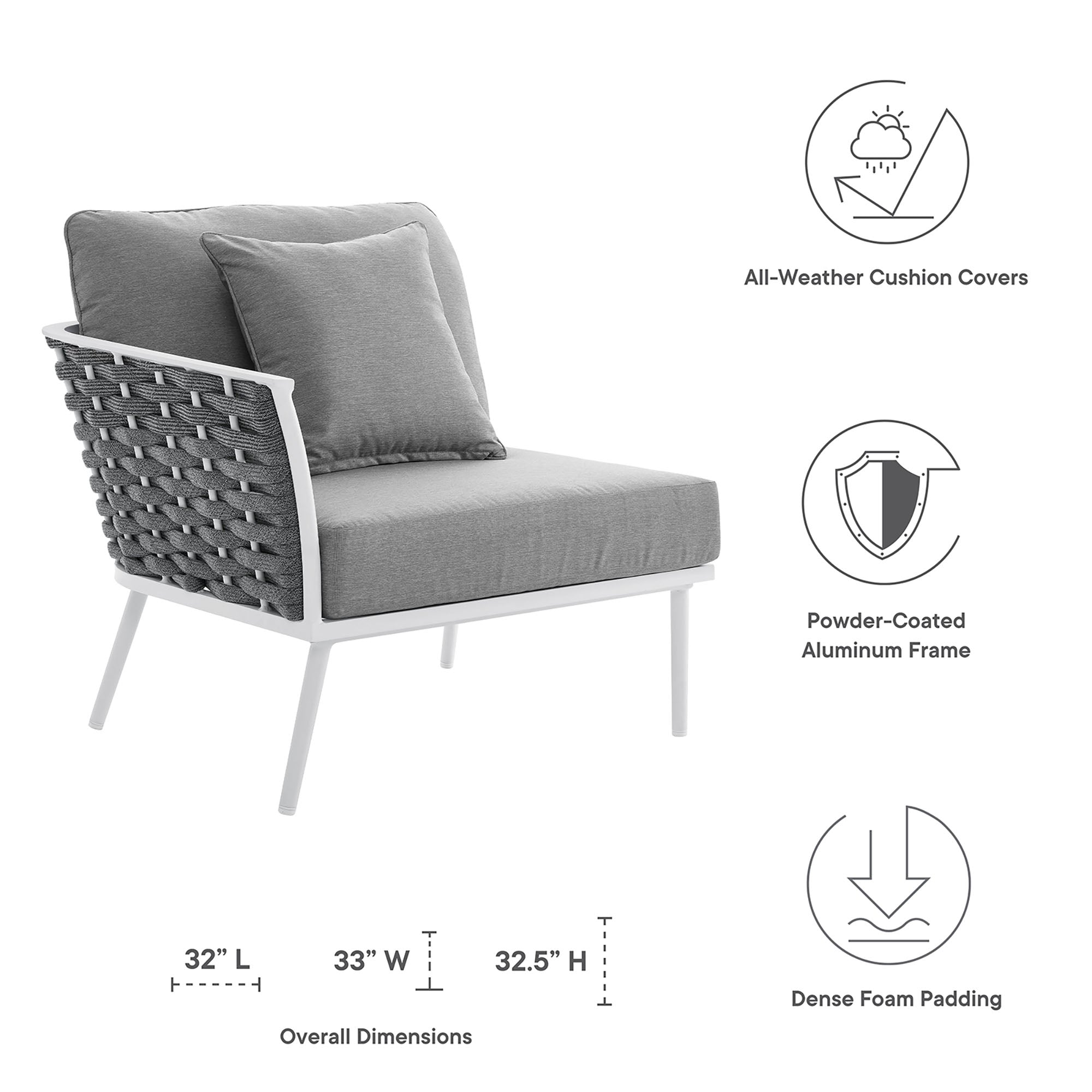 Stance Outdoor Patio Aluminum Left-Facing Armchair, White Gray