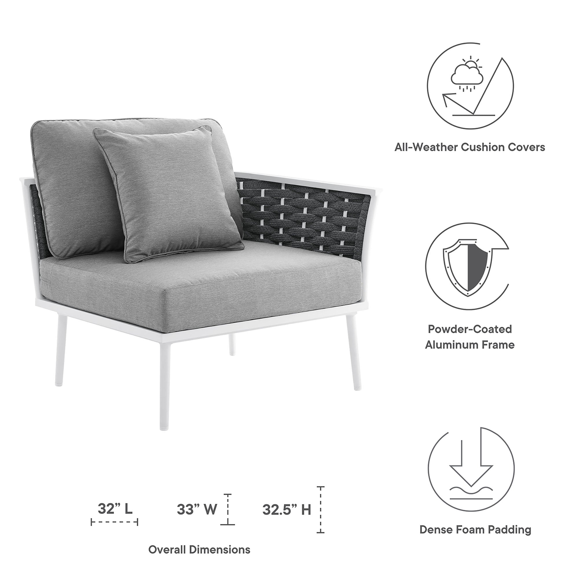 Stance Outdoor Patio Aluminum Right-Facing Armchair, White Gray