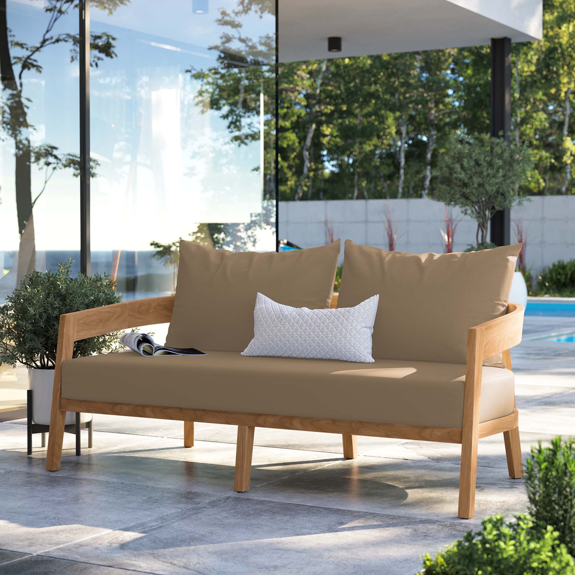Brisbane Teak Wood Outdoor Patio Loveseat, Natural Light Brown