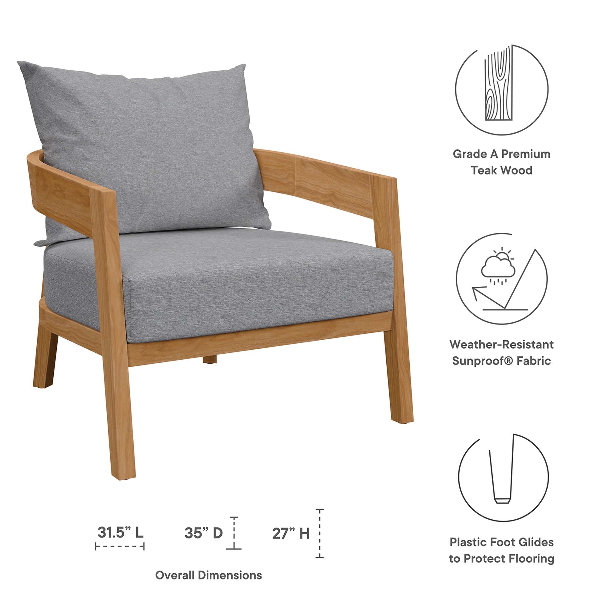 Brisbane Teak Wood Outdoor Patio Armchair, Natural Gray